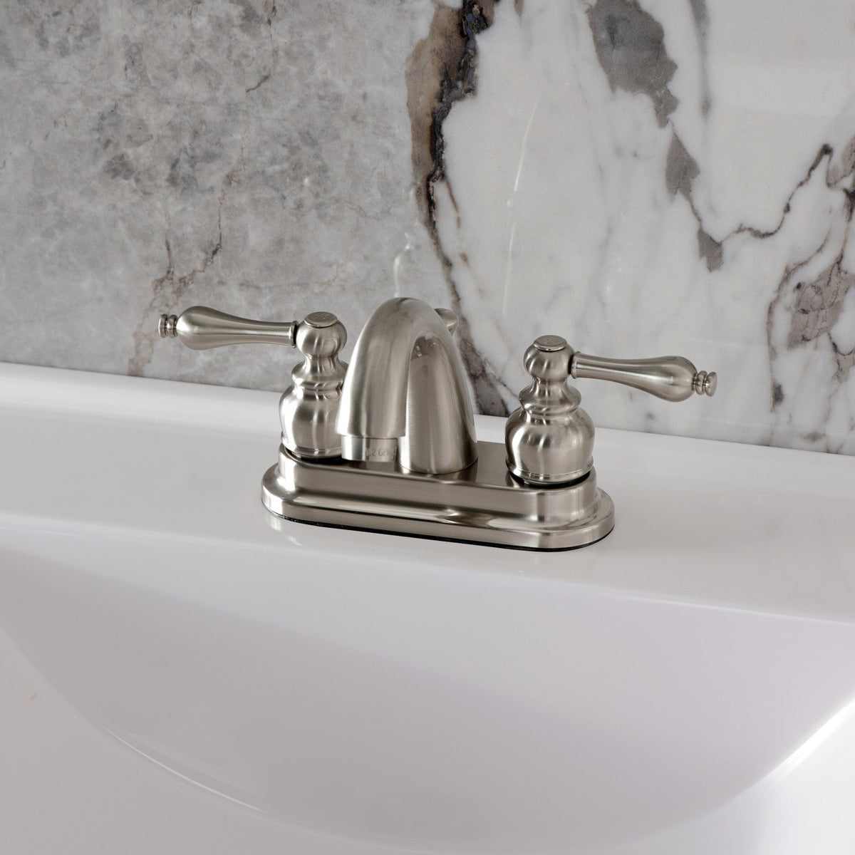 Restoration Double-Handle 4" Centerset Bathroom Faucet with Pop-Up Drain in Brushed Nickel