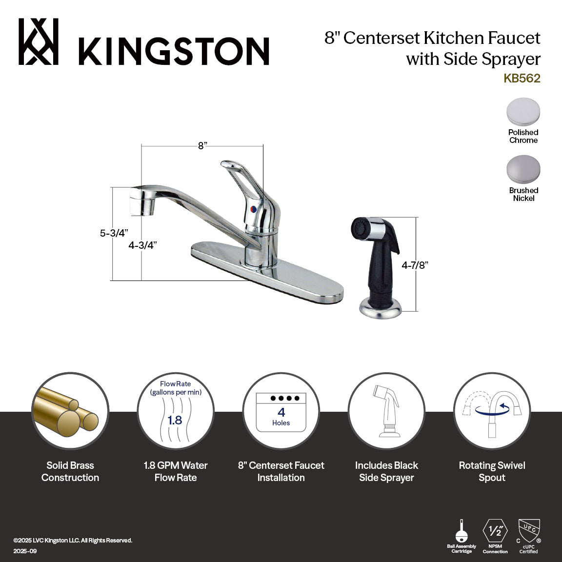 Wyndham Single-Handle 8" Centerset Kitchen Faucet with Side Sprayer in Polished Chrome