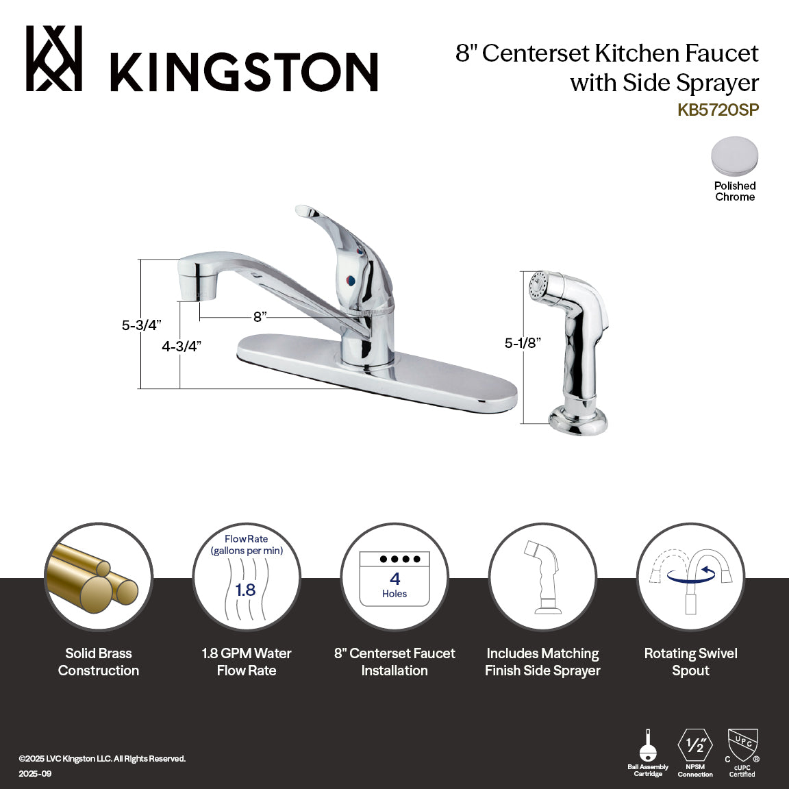 Single-Handle 8" Centerset Kitchen Faucet with Side Sprayer in Polished Chrome
