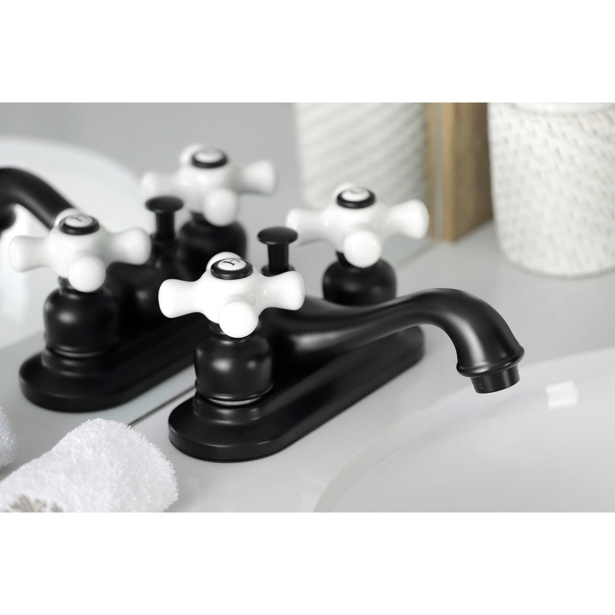Restoration Double-Handle 4" Centerset Bathroom Faucet with Pop-Up Drain in Matte Black