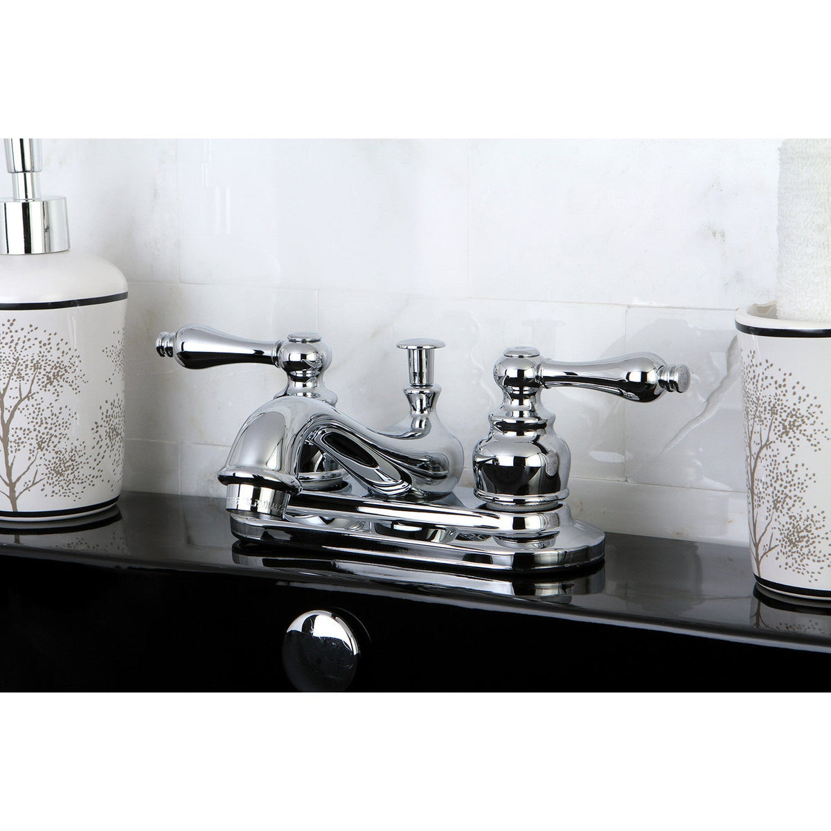 Restoration Double-Handle 4" Centerset Bathroom Faucet with Brass Pop-Up in Polished Chrome