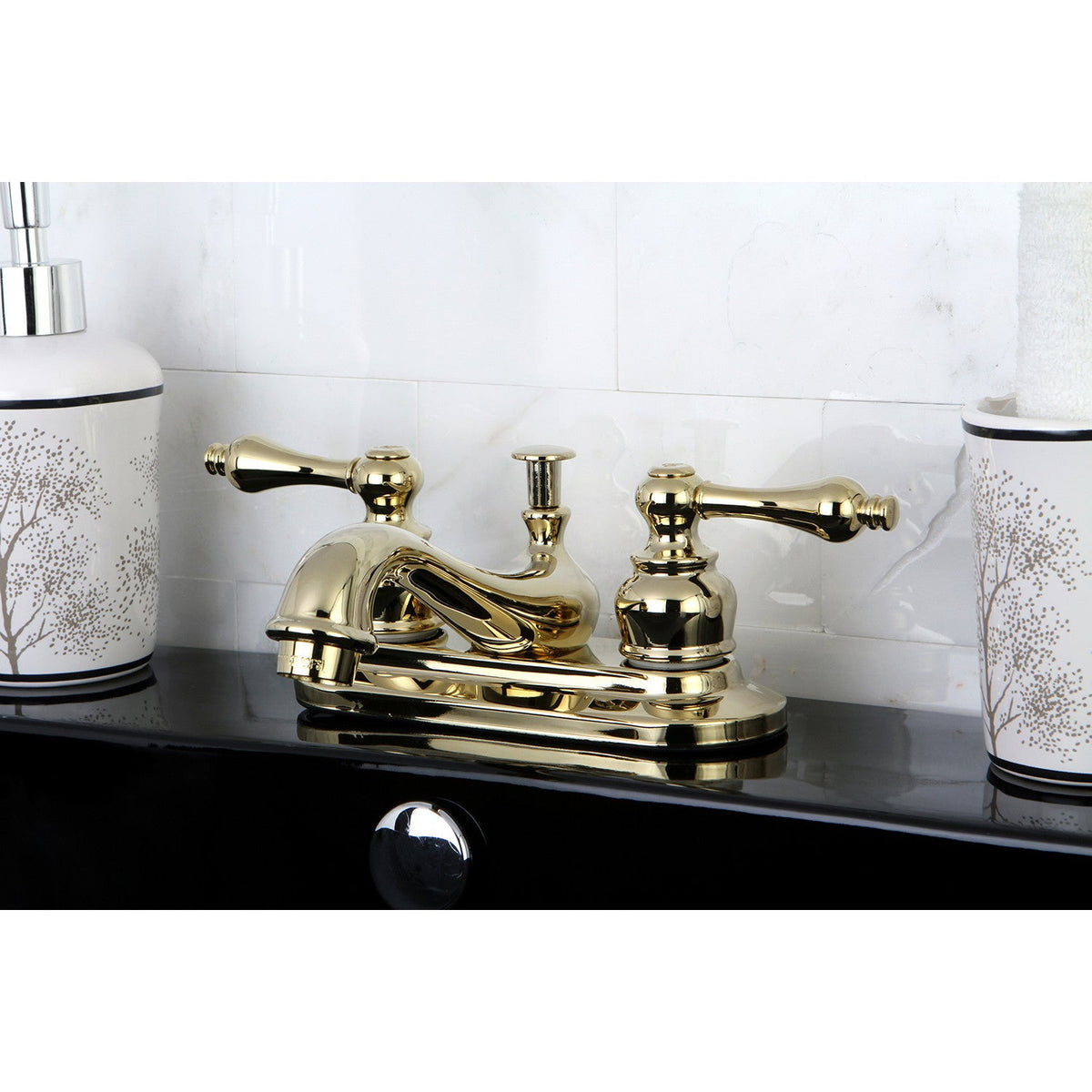 Restoration Double-Handle 4" Centerset Bathroom Faucet with Brass Pop-Up in Polished Brass