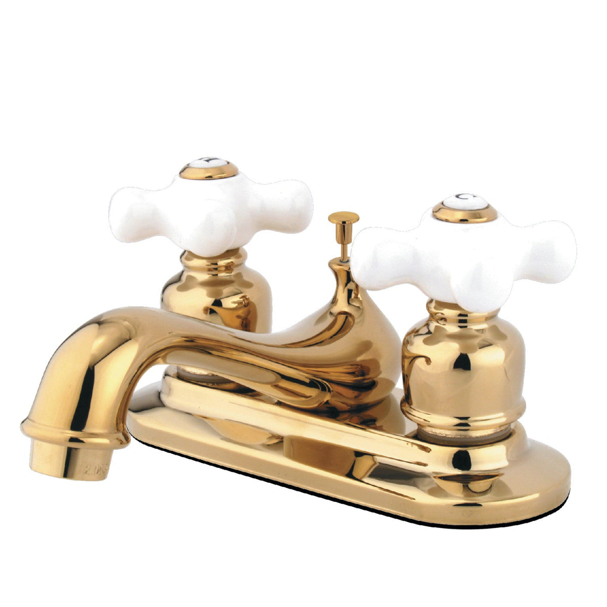 Restoration Double-Handle 4" Centerset Bathroom Faucet with Pop-Up Drain in Polished Brass