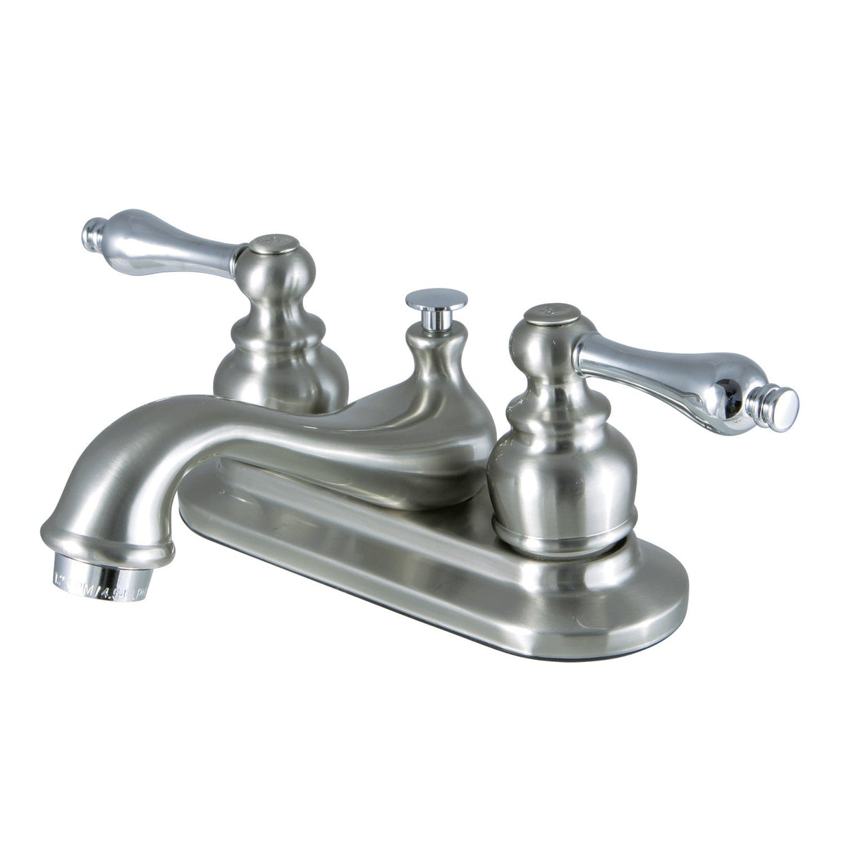 Restoration Double-Handle 4" Centerset Bathroom Faucet with Brass Pop-Up in Brushed Nickel/Polished Chrome