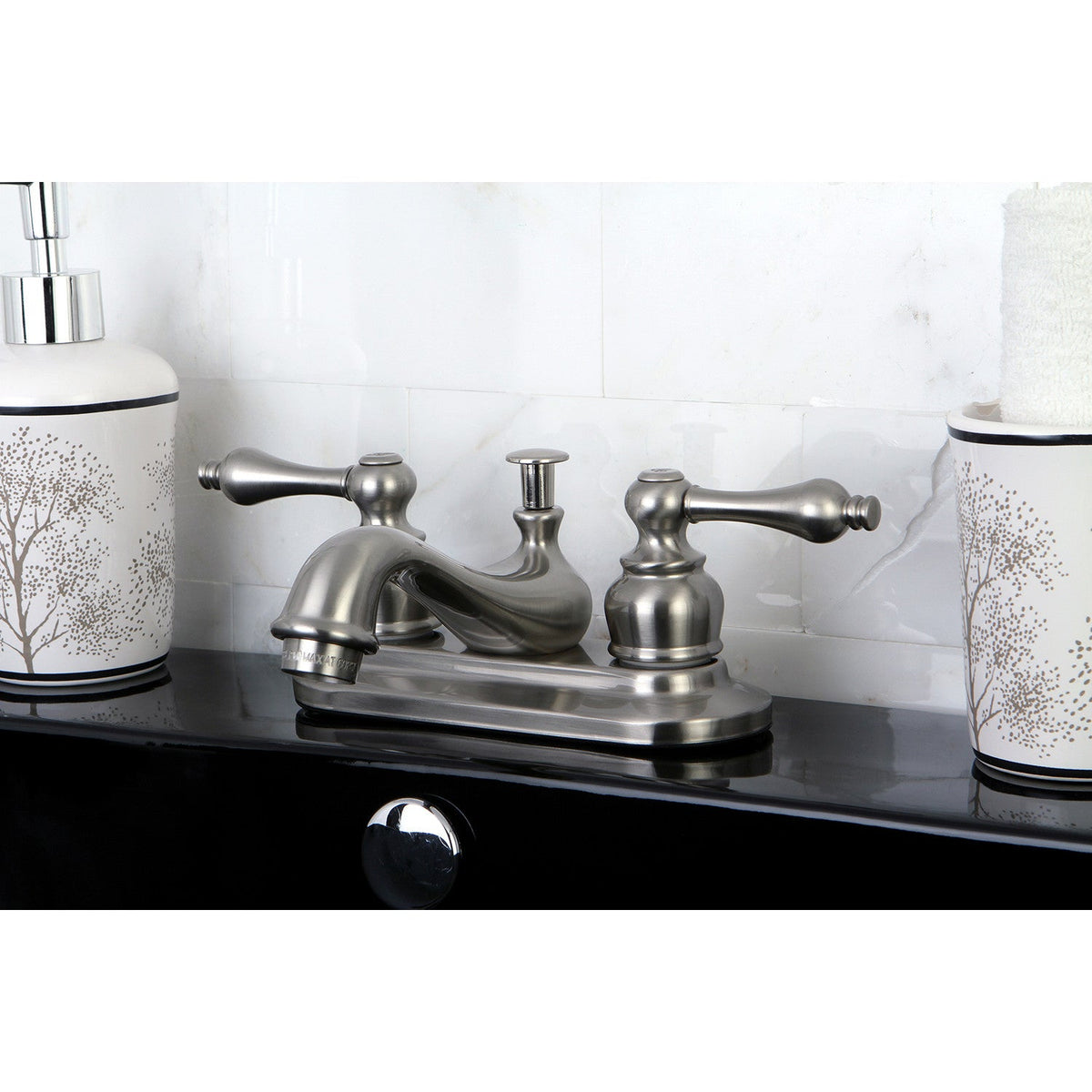 Restoration Double-Handle 4" Centerset Bathroom Faucet with Brass Pop-Up in Brushed Nickel