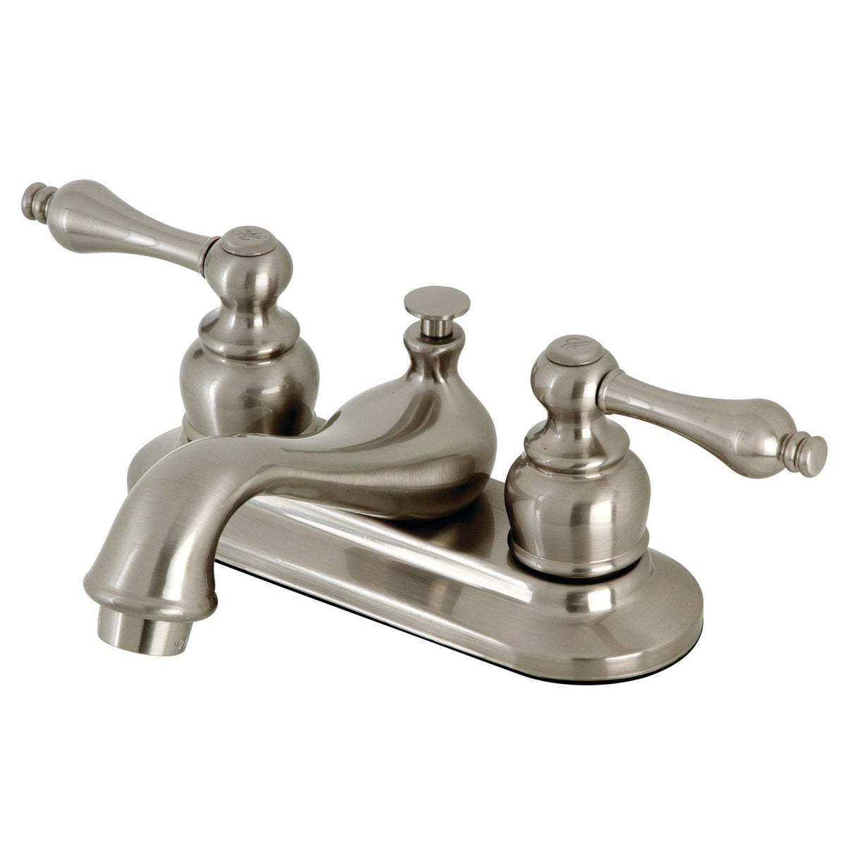 Restoration Double-Handle 4" Centerset Bathroom Faucet with Brass Pop-Up in Brushed Nickel