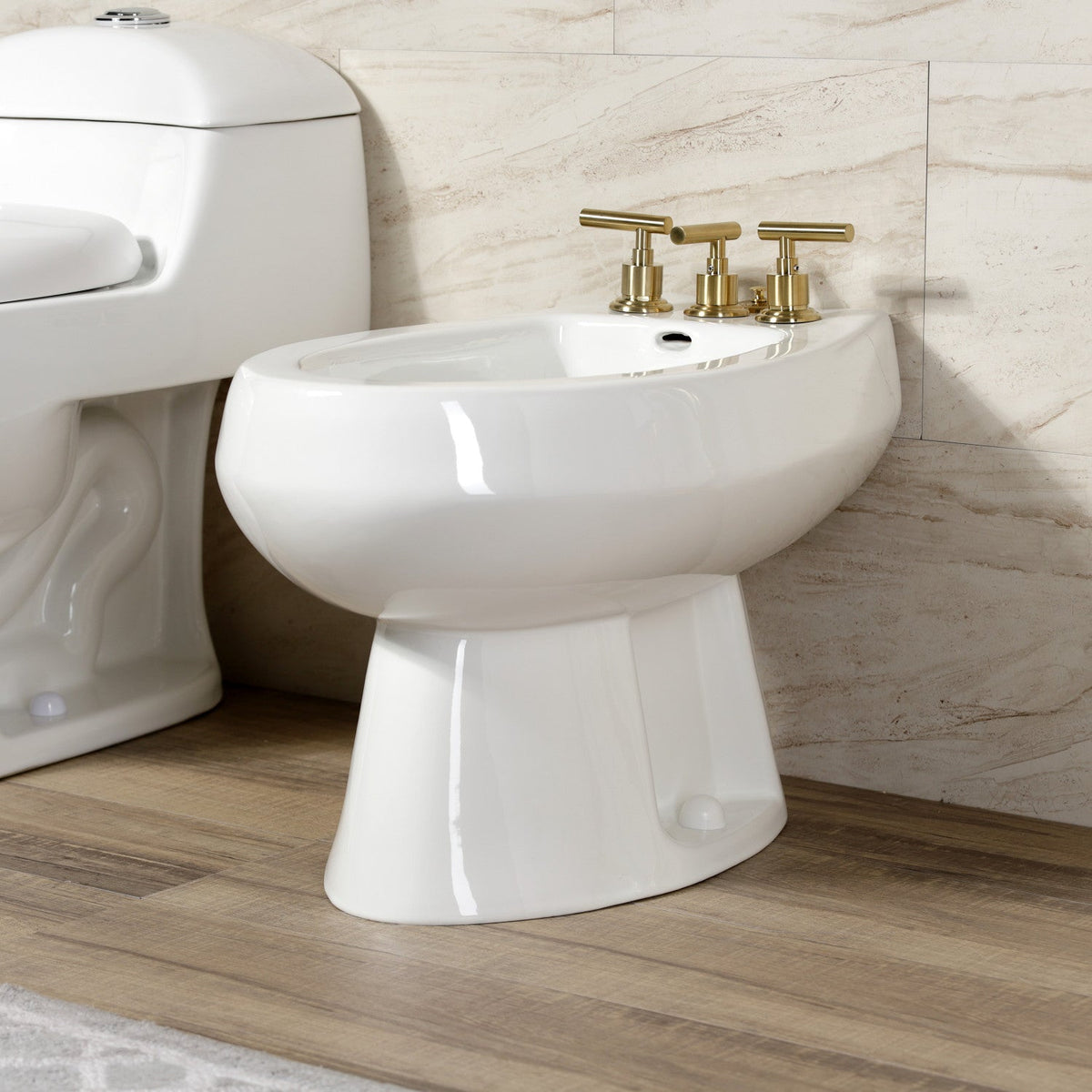 Manhattan Three-Handle Bidet Faucet with Brass Pop-Up in Brushed Brass