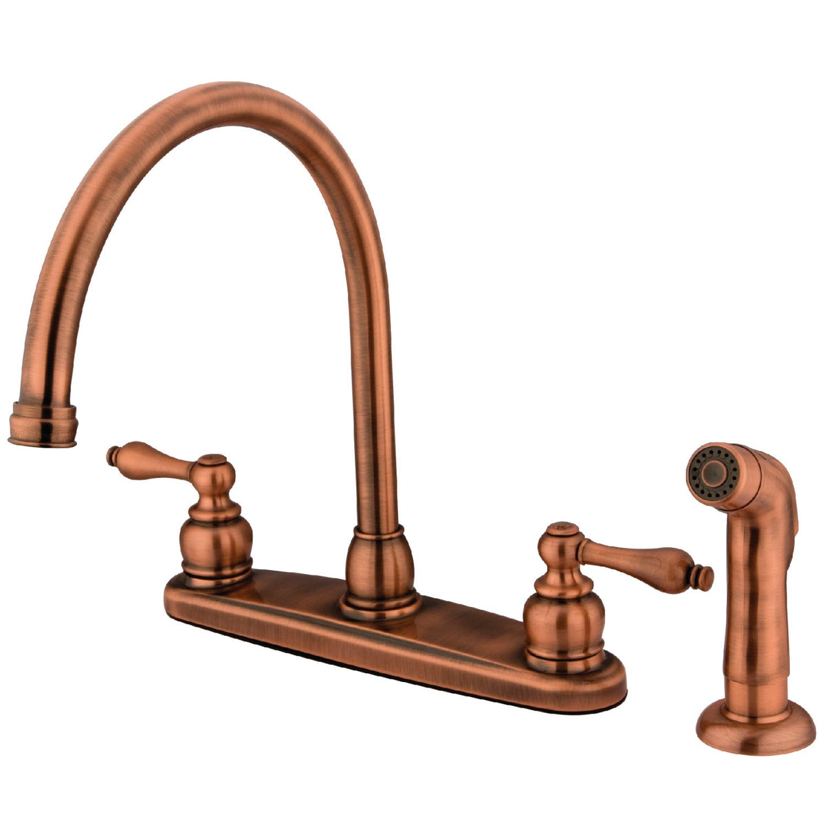 Vintage Double-Handle 8" Centerset Kitchen Faucet with Side Sprayer in Antique Copper