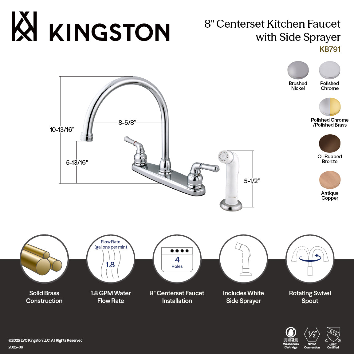 Magellan Double-Handle 8" Centerset Kitchen Faucet with Side Sprayer in Antique Copper