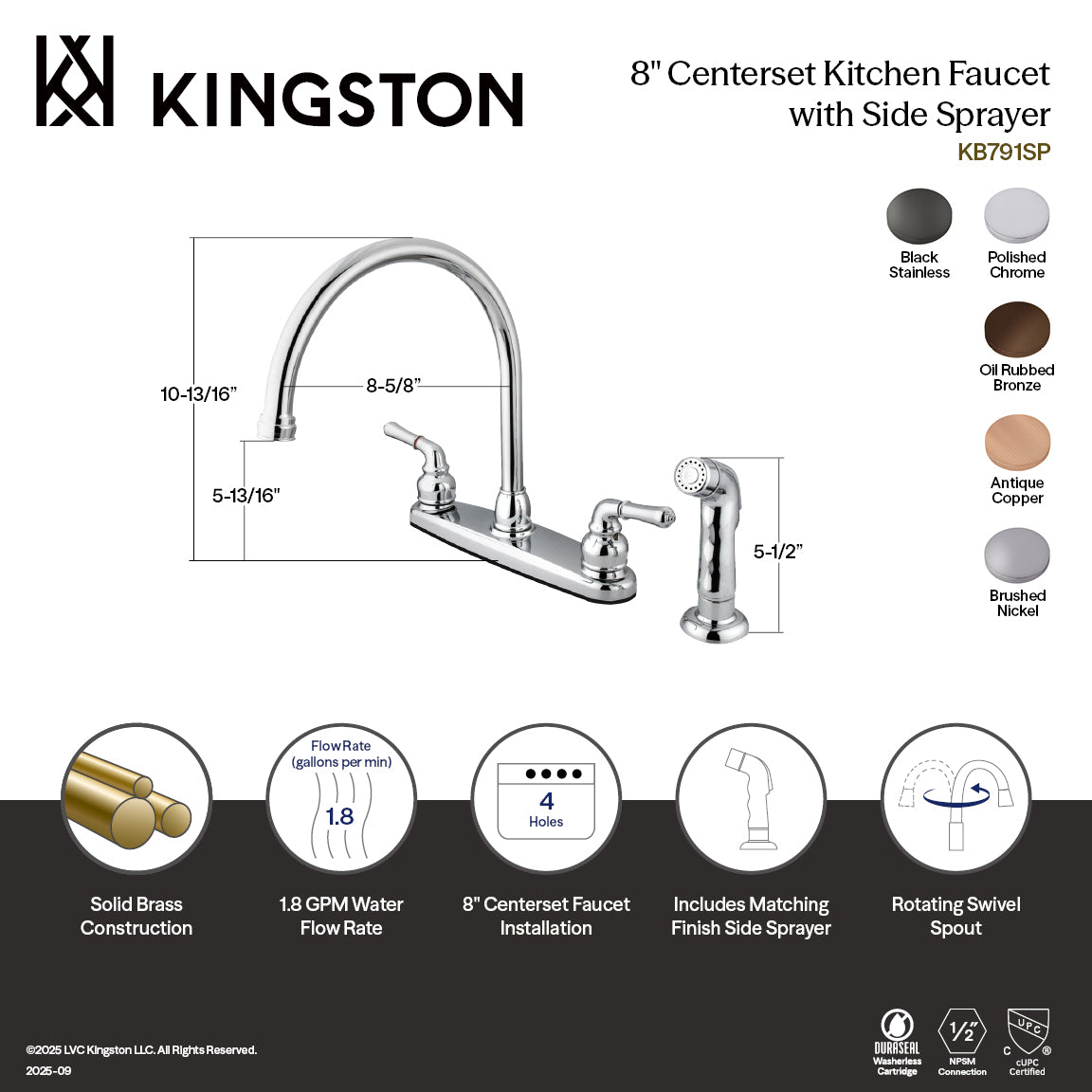 Magellan Double-Handle 8" Centerset Kitchen Faucet with Side Sprayer in Antique Copper