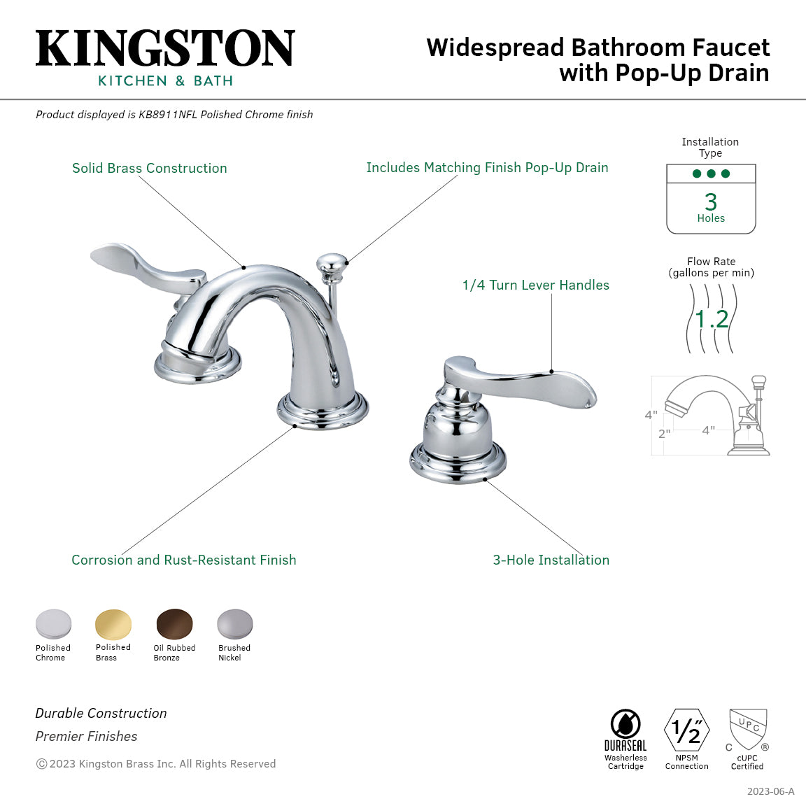 NuWave French Widespread Bathroom Faucet with Pop-Up Drain in Polished Brass