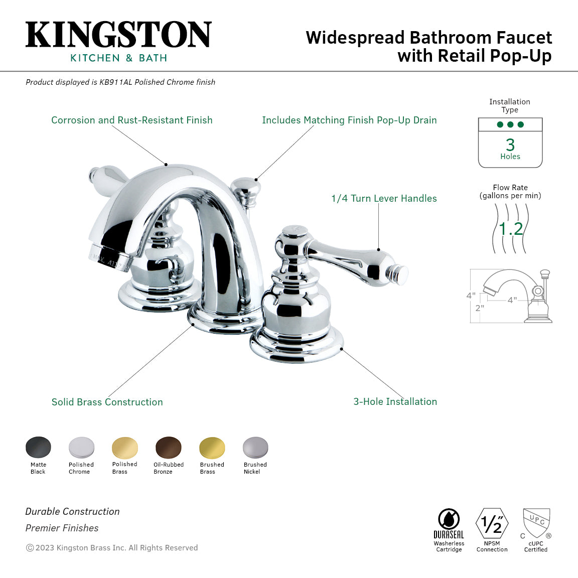 Victorian Widespread Bathroom Faucet with Pop-Up Drain in Polished Chrome