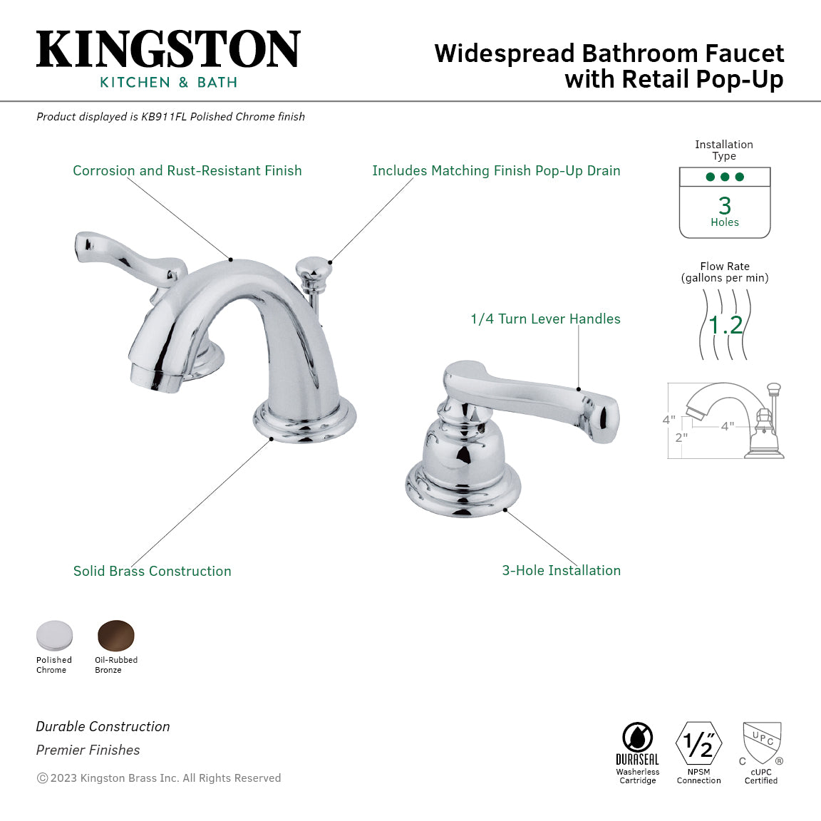 Royale Widespread Bathroom Faucet with Pop-Up Drain in Polished Chrome