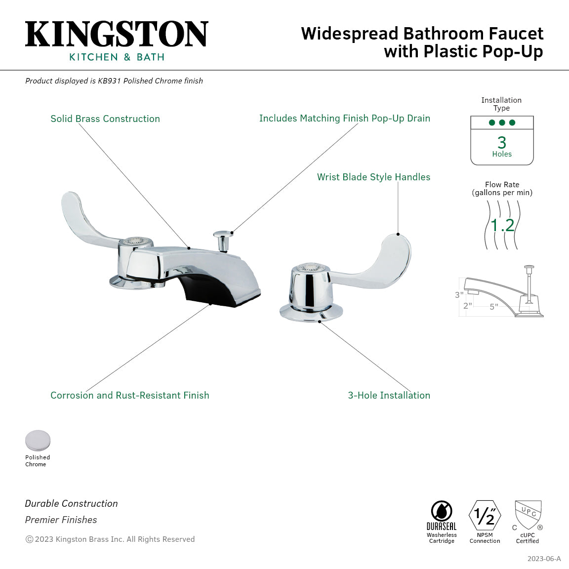 Vista Widespread Bathroom Faucet with ABS Pop-Up Drain in Polished Chrome