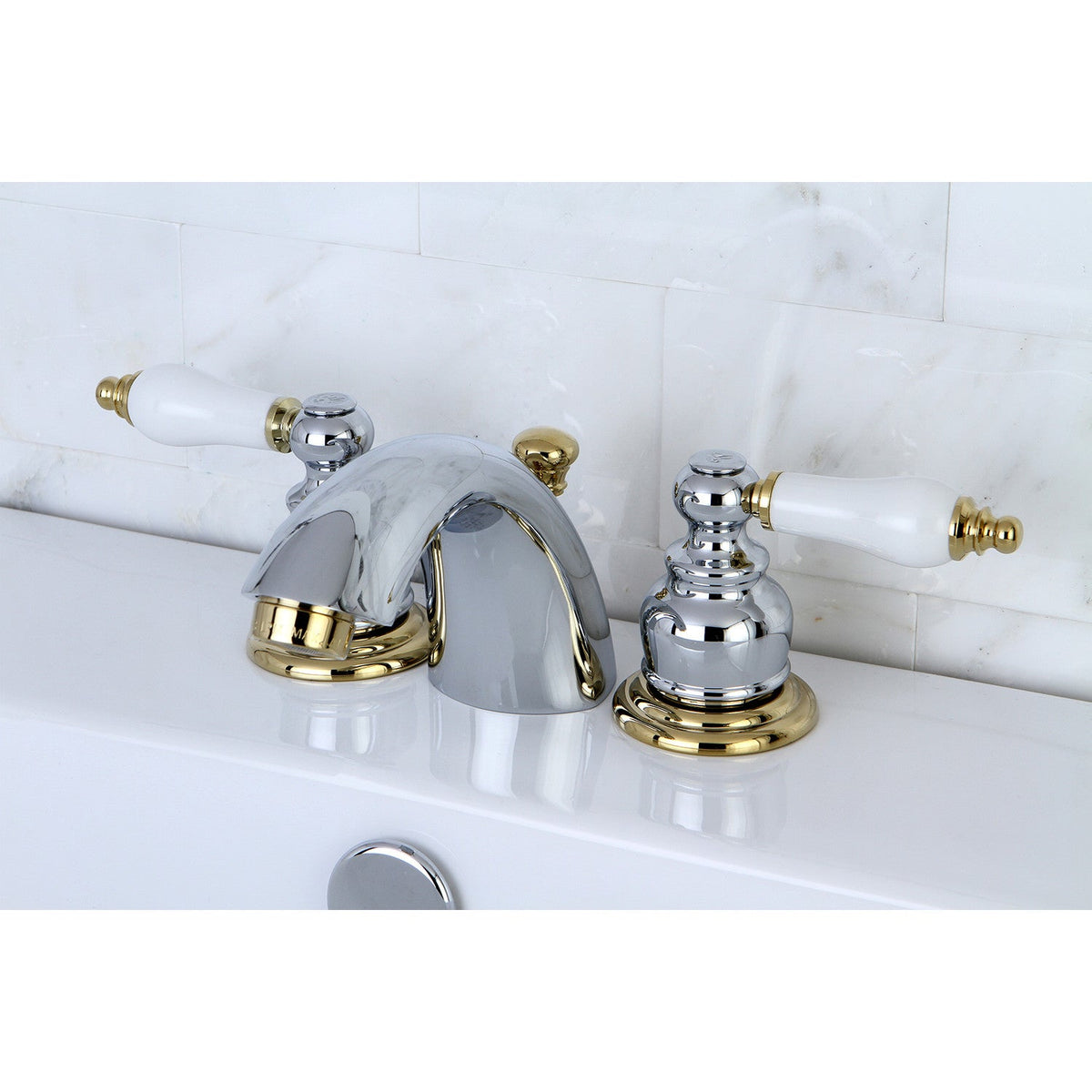 Victorian Mini-Widespread Bathroom Faucet with Pop-Up Drain in Polished Chrome/Polished Brass