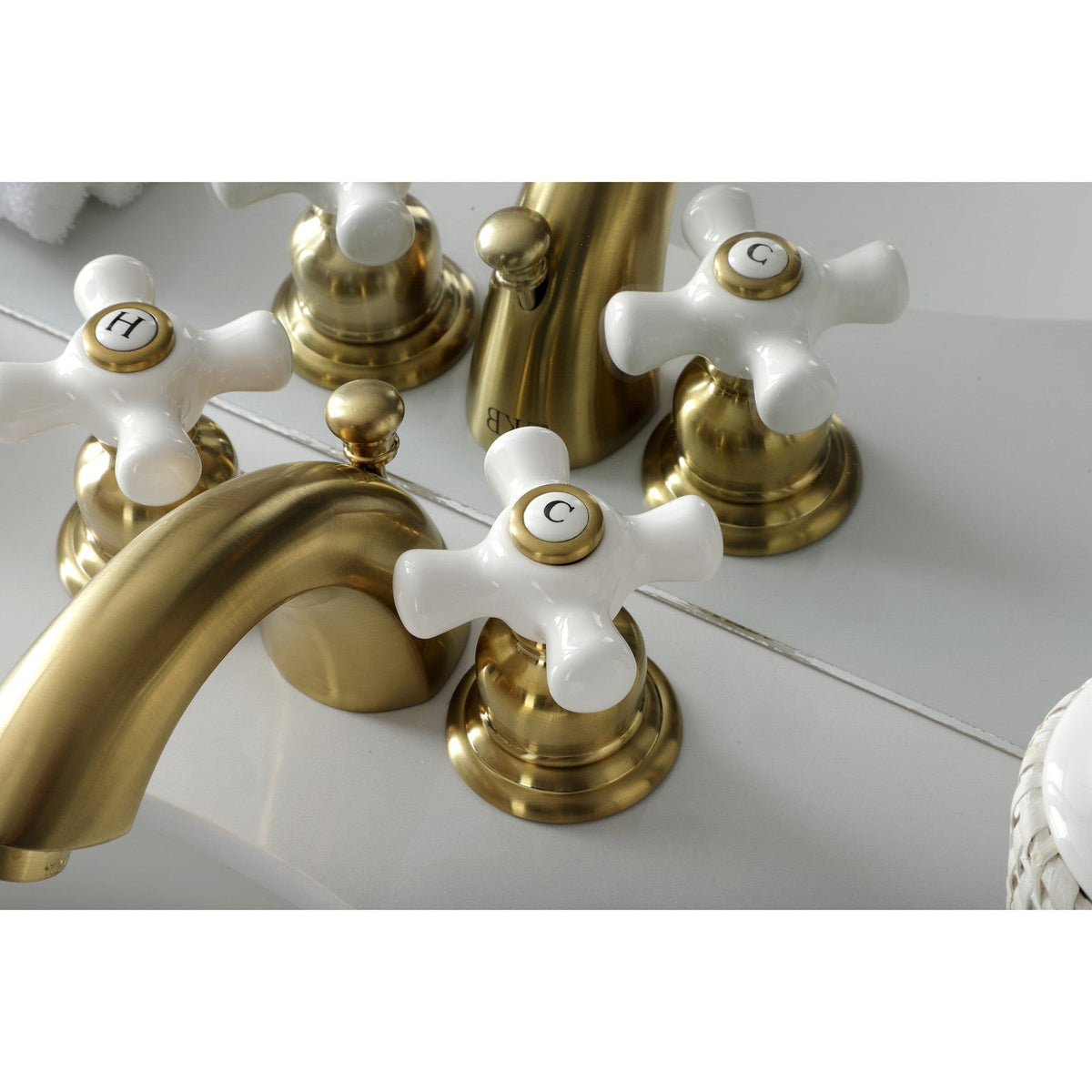 Victorian Mini-Widespread Bathroom Faucet with Pop-Up Drain in Brushed Brass