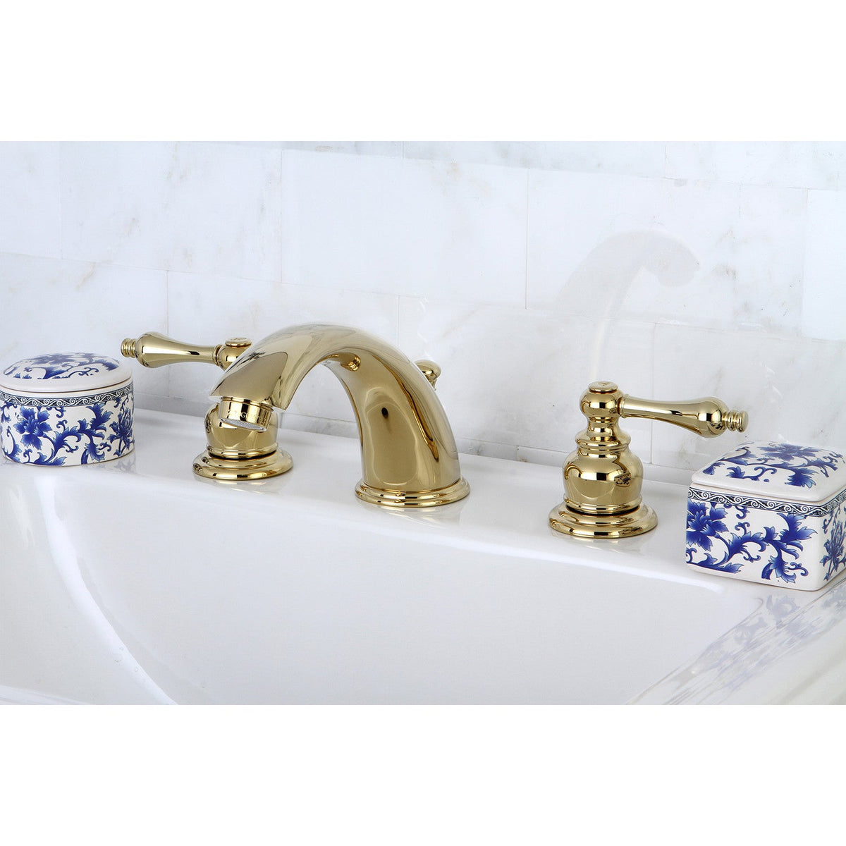 Victorian Widespread Bathroom Faucet with Brass Pop-Up in Polished Brass