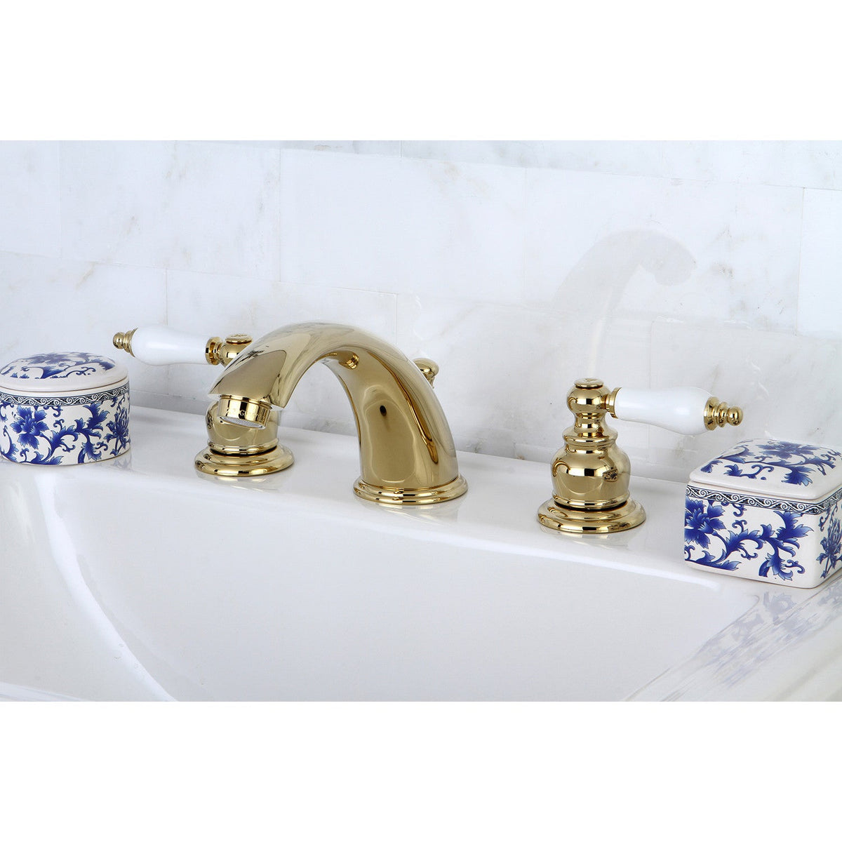 Victorian Widespread Bathroom Faucet with Brass Pop-Up in Polished Brass