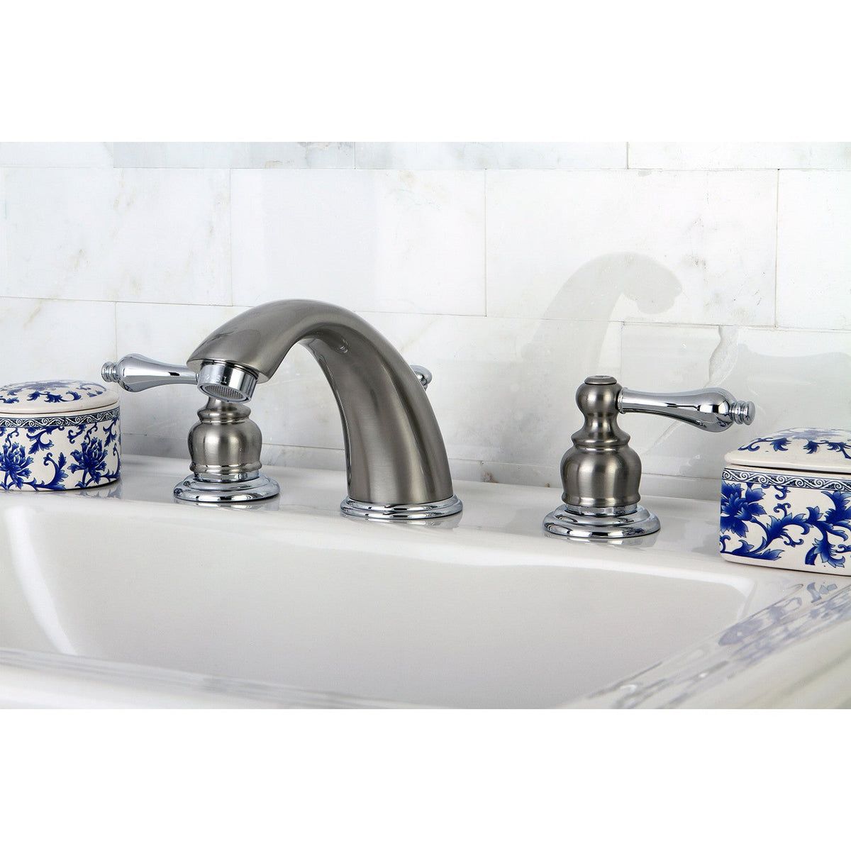 Victorian Widespread Bathroom Faucet with Pop-Up Drain in Brushed Nickel/Polished Chrome