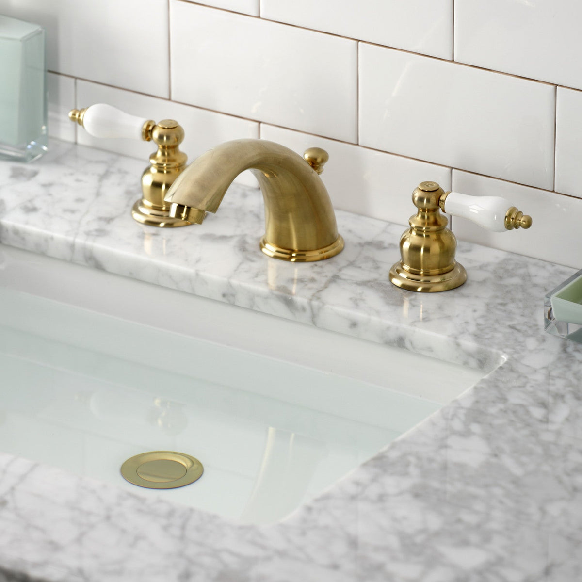Victorian Widespread Bathroom Faucet with Pop-Up Drain in Brushed Brass
