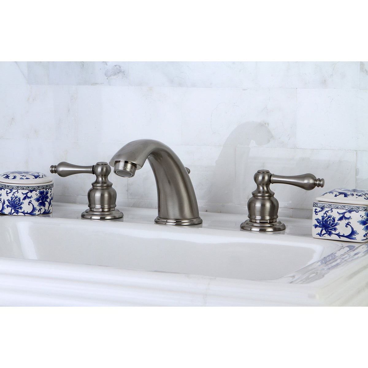 Victorian Widespread Bathroom Faucet with Brass Pop-Up in Brushed Nickel