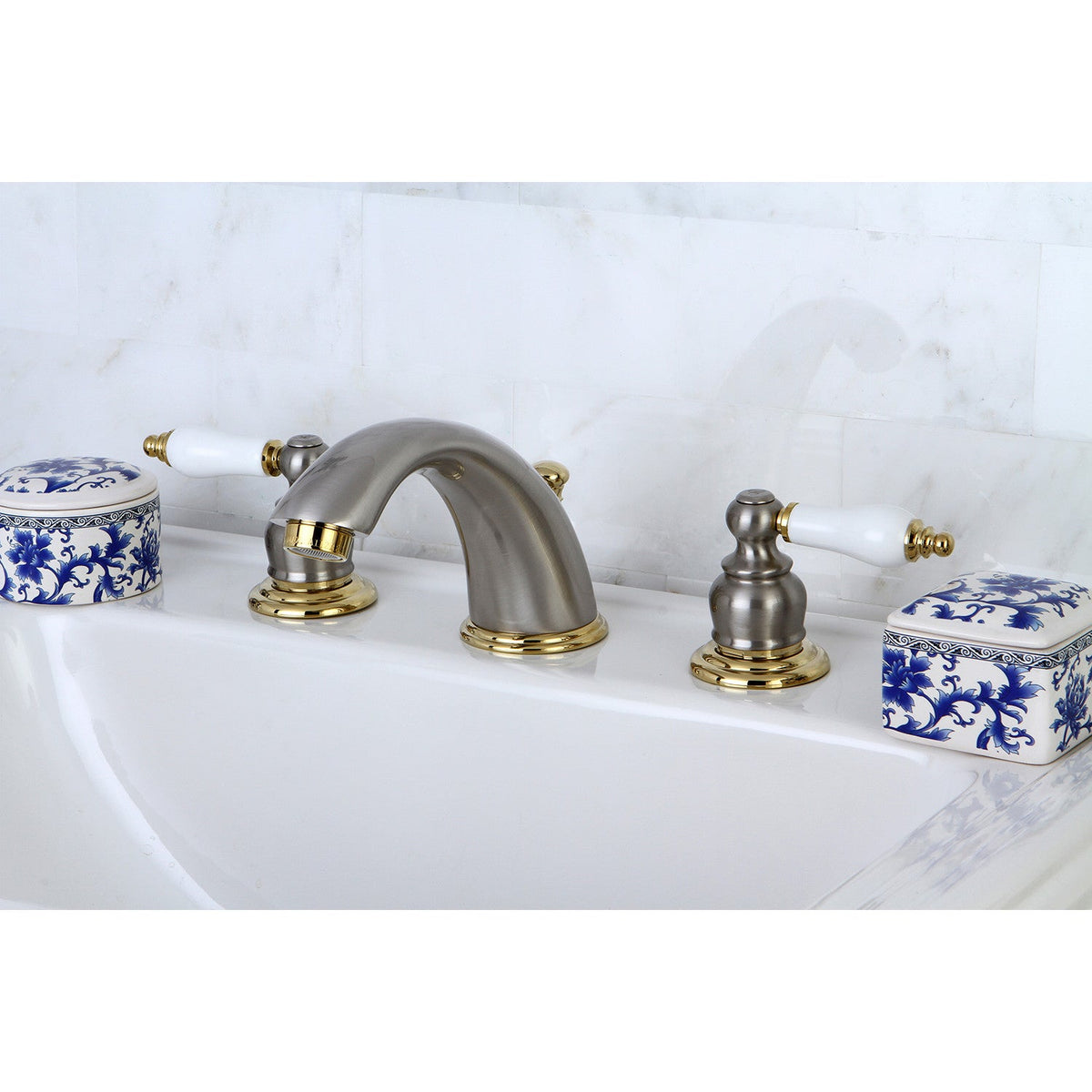 Victorian Widespread Bathroom Faucet with Pop-Up Drain in Brushed Nickel/Polished Brass