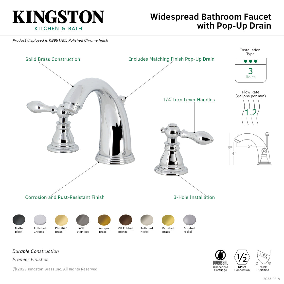American Classic Widespread Bathroom Faucet with Pop-Up Drain in Polished Brass