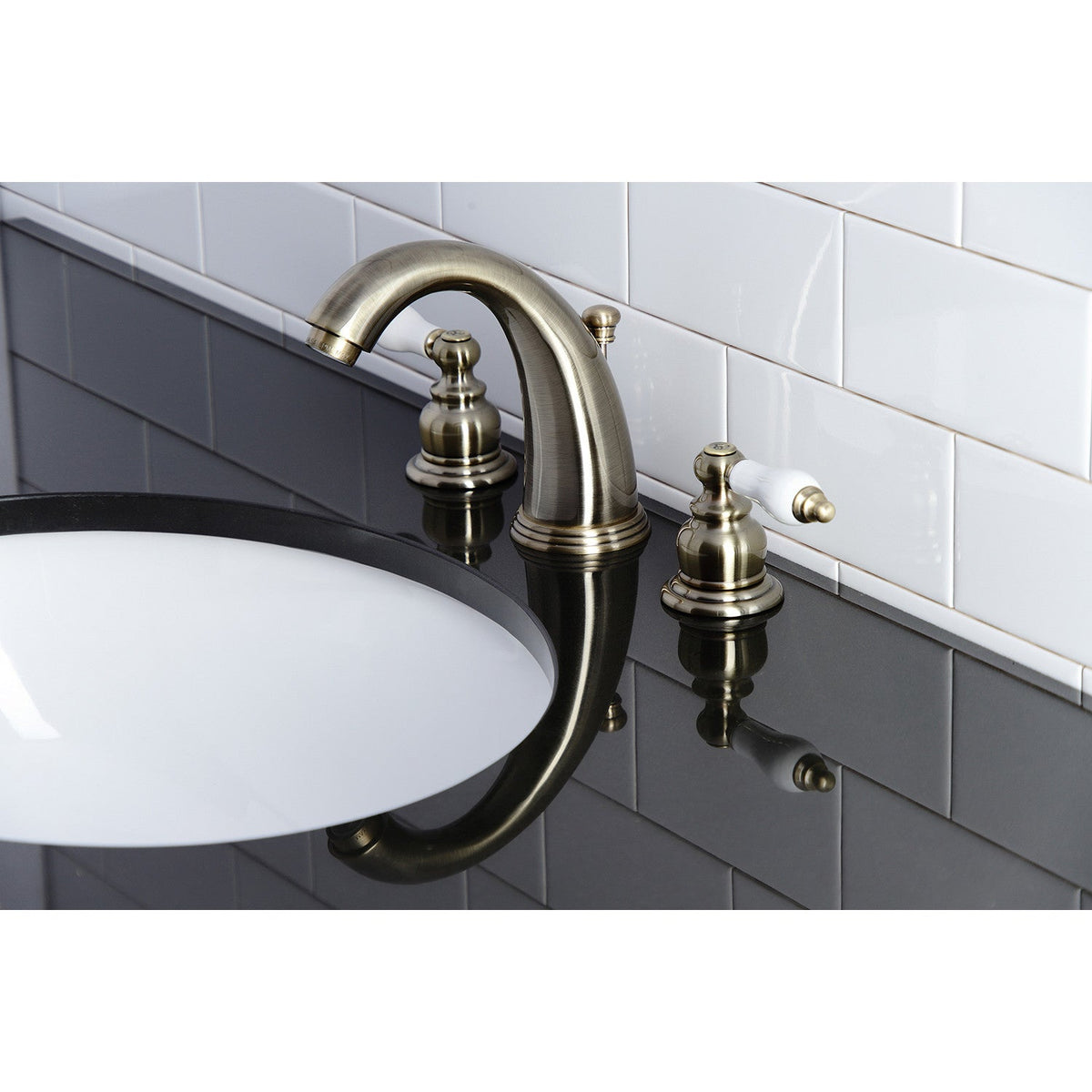 Victorian Widespread Bathroom Faucet with Pop-Up Drain in Antique Brass