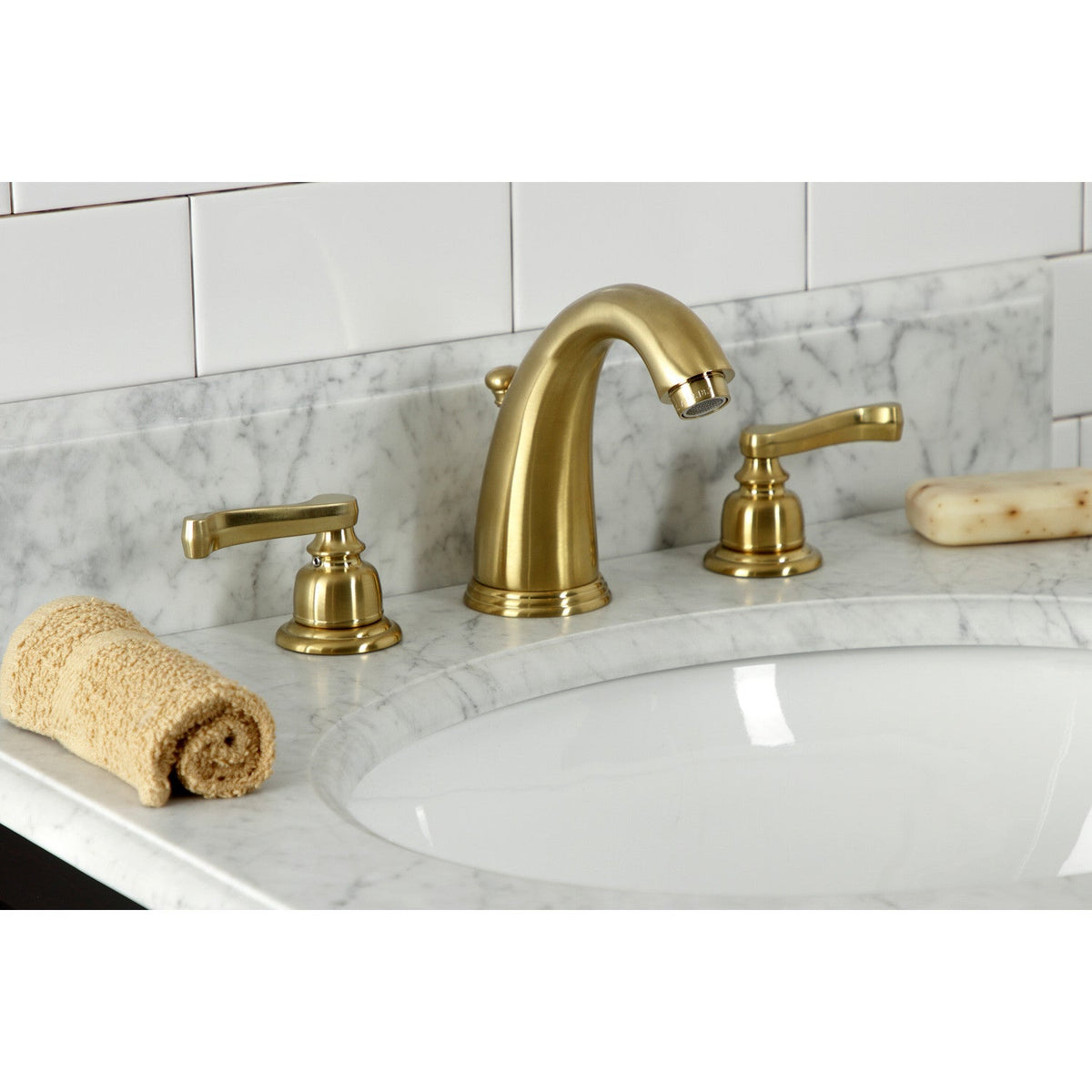 Royale Widespread Bathroom Faucet with Pop-Up Drain in Brushed Brass