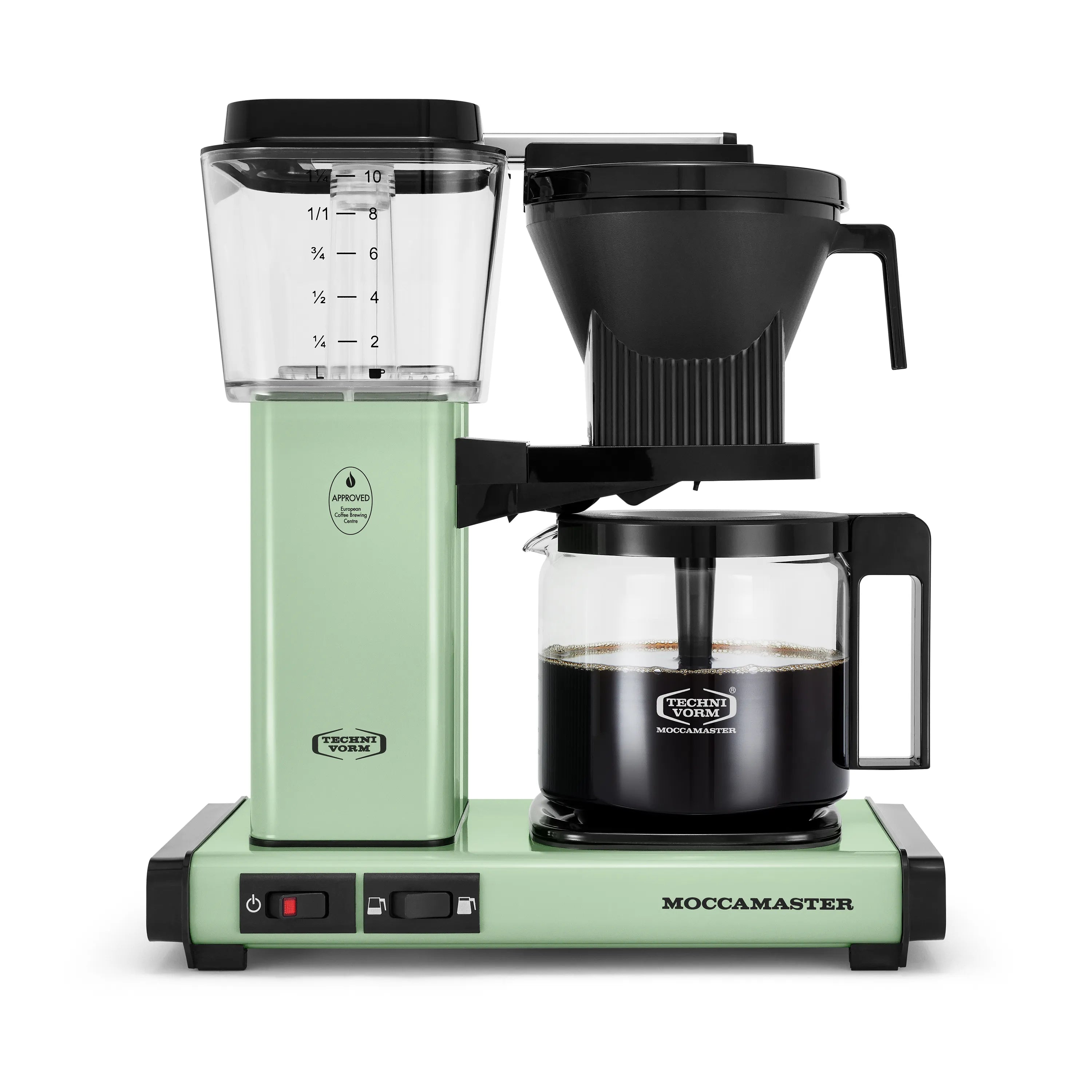 Pistachio Moccamaster coffee maker with glass carafe and black brew basket