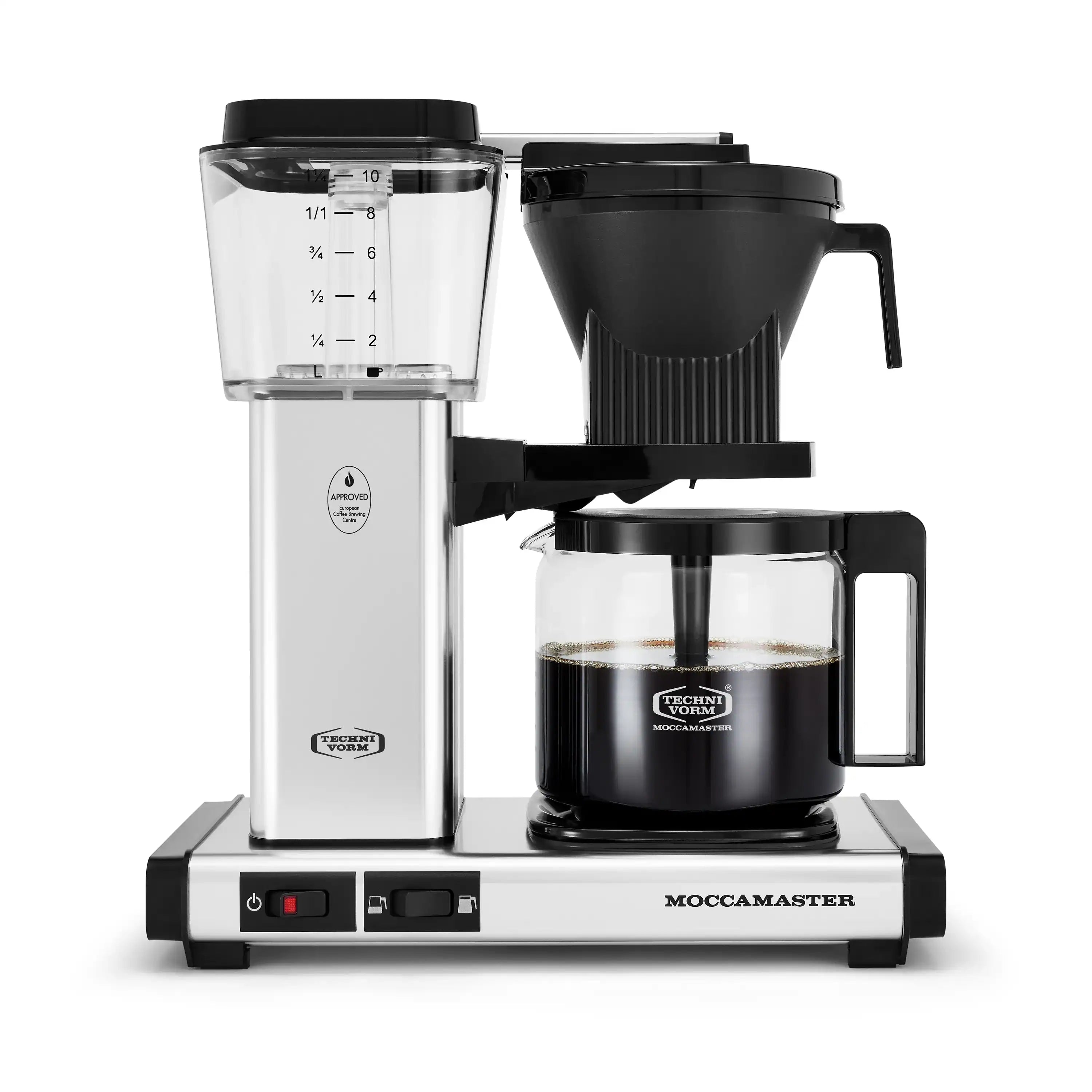 Moccamaster 10-cup coffee maker front view with glass carafe and black filter holder.