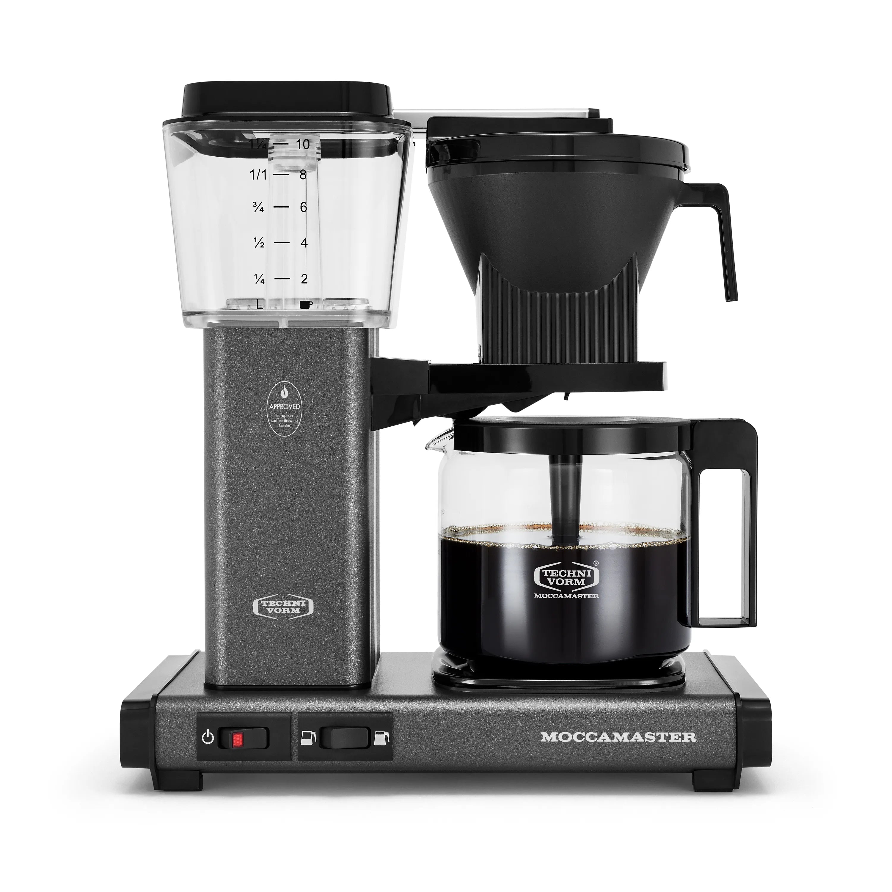 Stone grey and black drip coffee maker with glass carafe and warming base