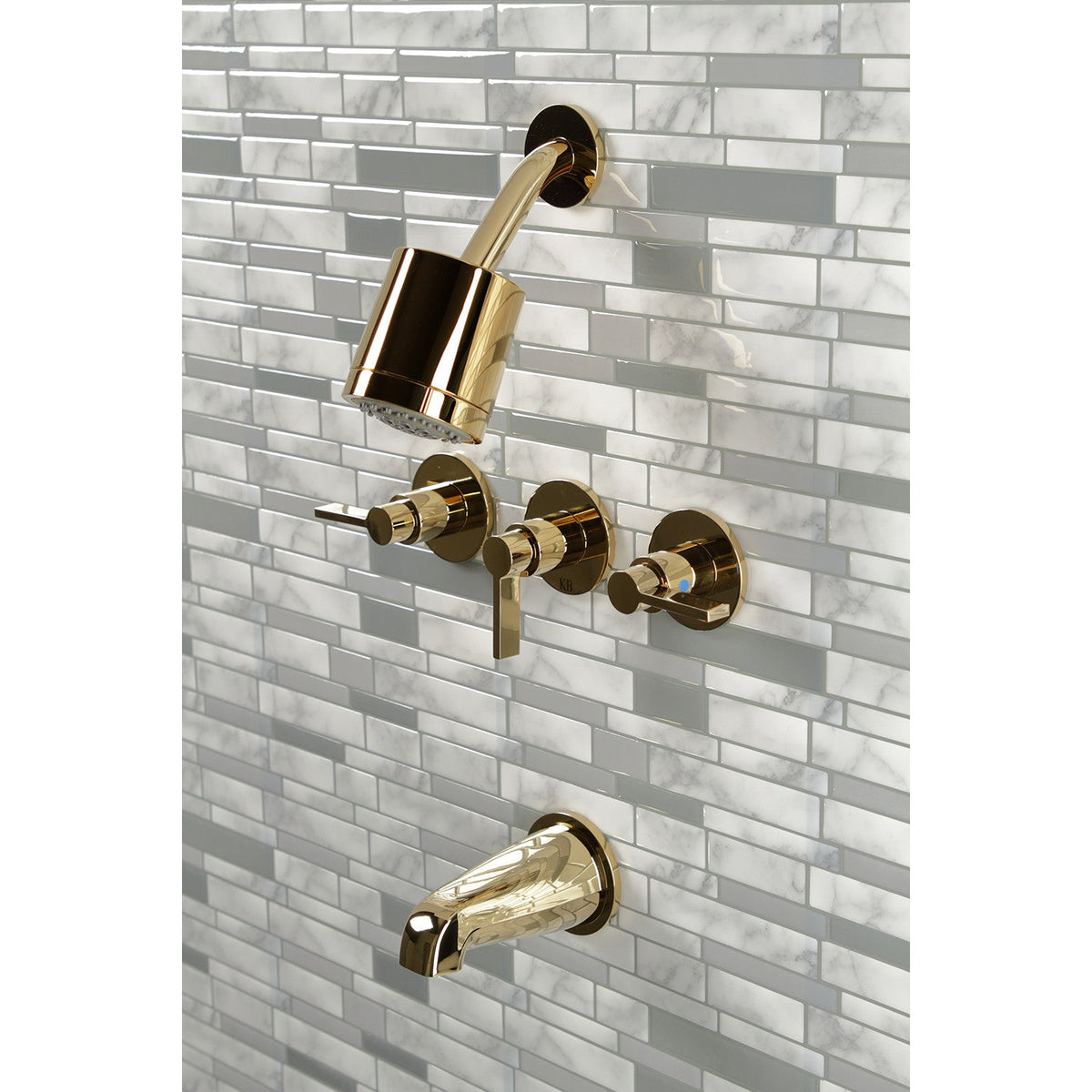 NuvoFusion Triple-Handle Tub and Shower Faucet in Polished Brass