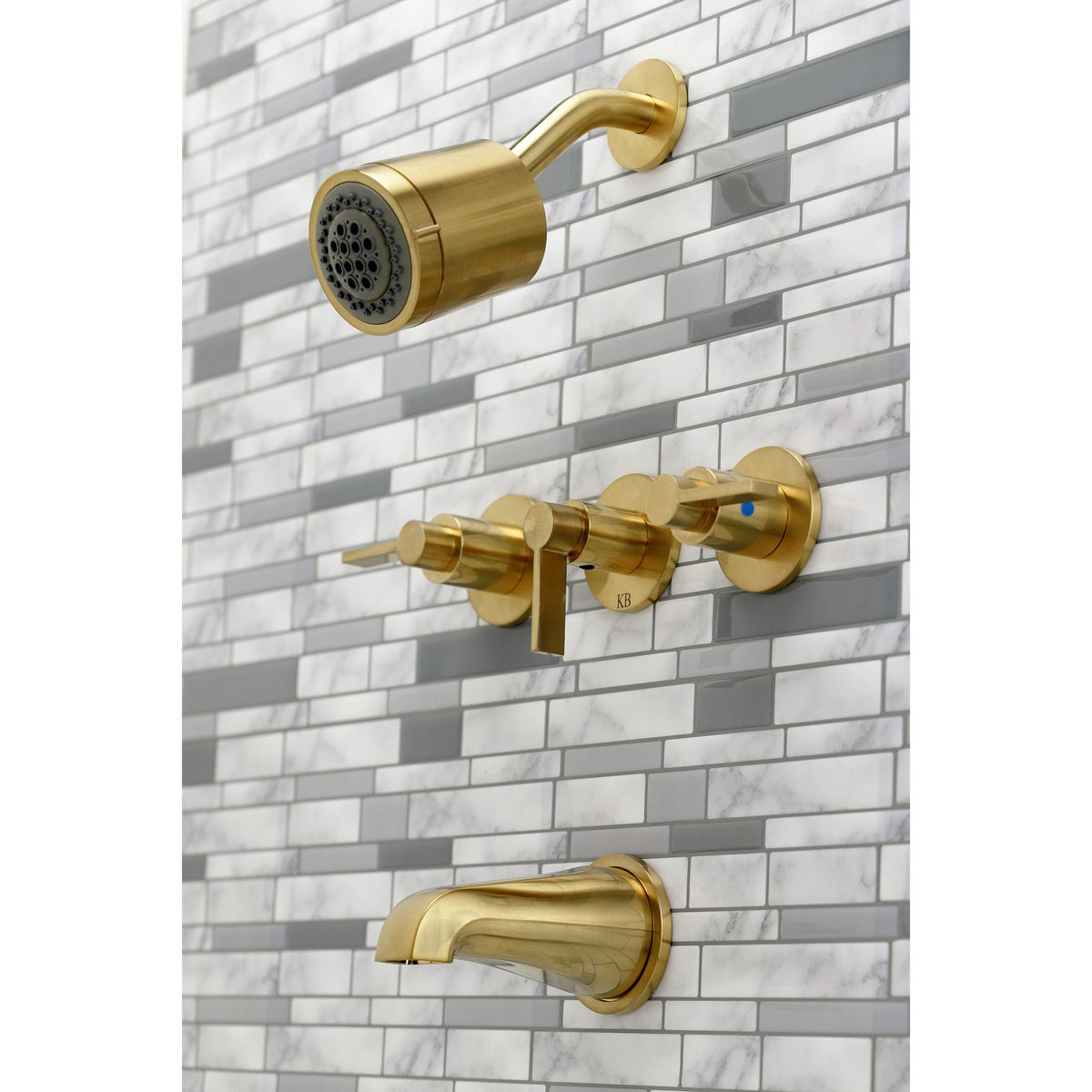NuvoFusion Triple-Handle Tub and Shower Faucet in Brushed Brass