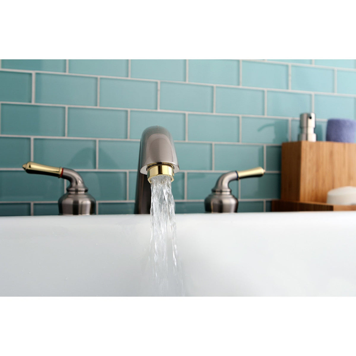 Magellan Two-Handle Deck Mount Roman Tub Faucet in Brushed Nickel/Polished Brass
