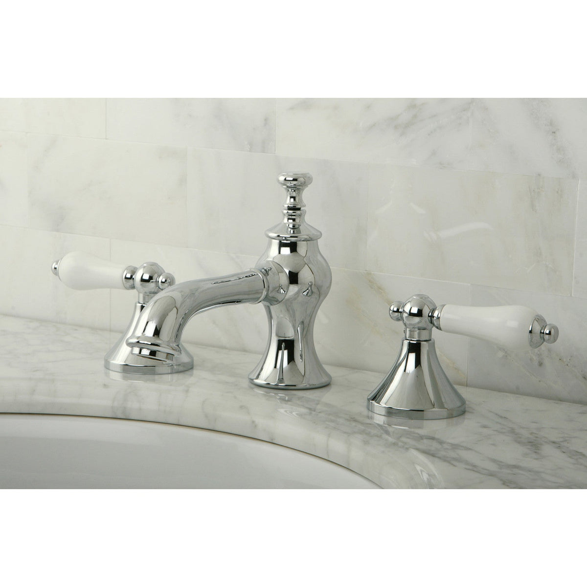 Vintage Widespread Bathroom Faucet with Brass Pop-Up in Polished Chrome