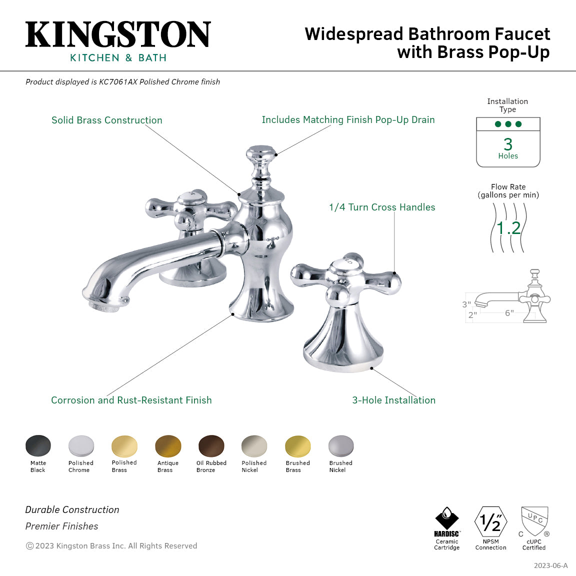 Vintage Widespread Bathroom Faucet with Brass Pop-Up in Polished Brass