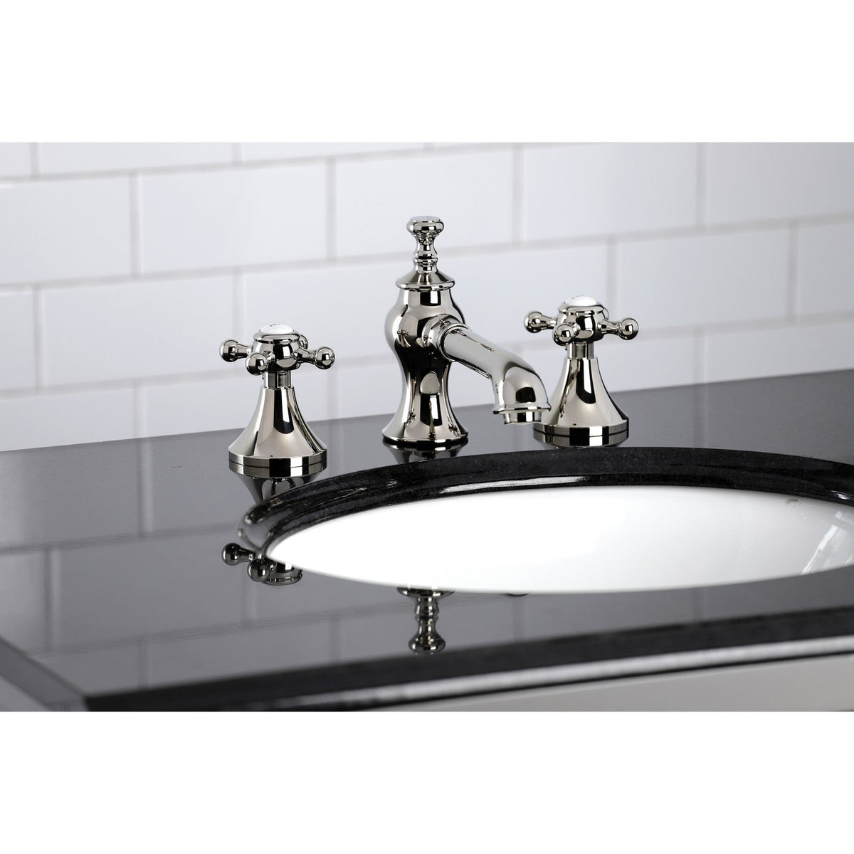 English Country Widespread Bathroom Faucet with Brass Pop-Up in Polished Nickel