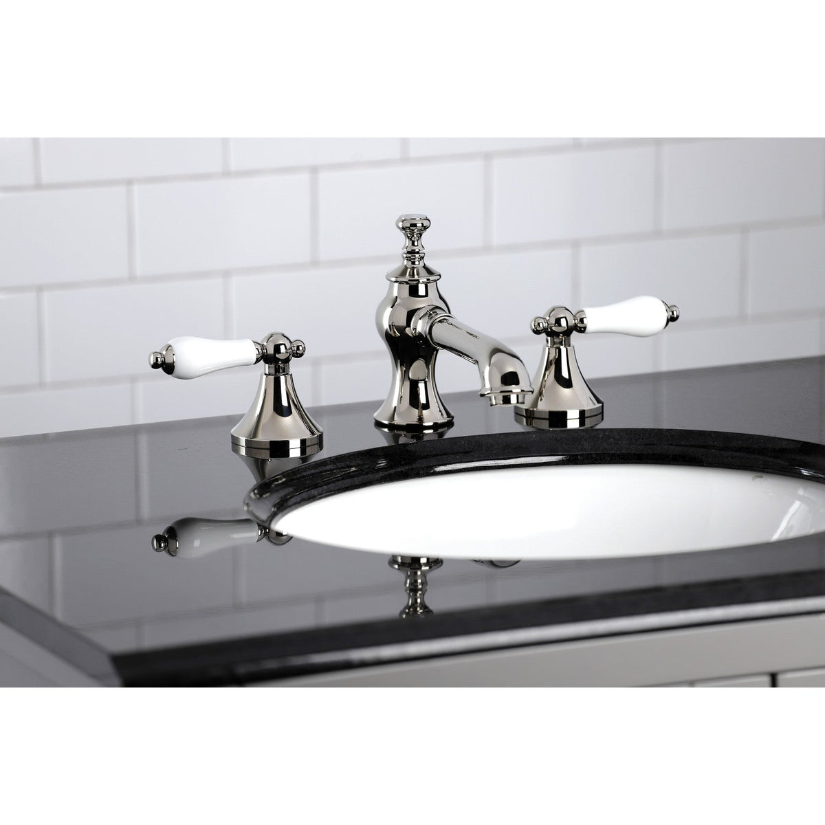Vintage Widespread Bathroom Faucet with Brass Pop-Up in Polished Nickel