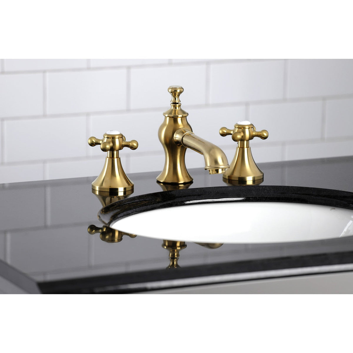 English Country Widespread Bathroom Faucet with Brass Pop-Up in Brushed Brass