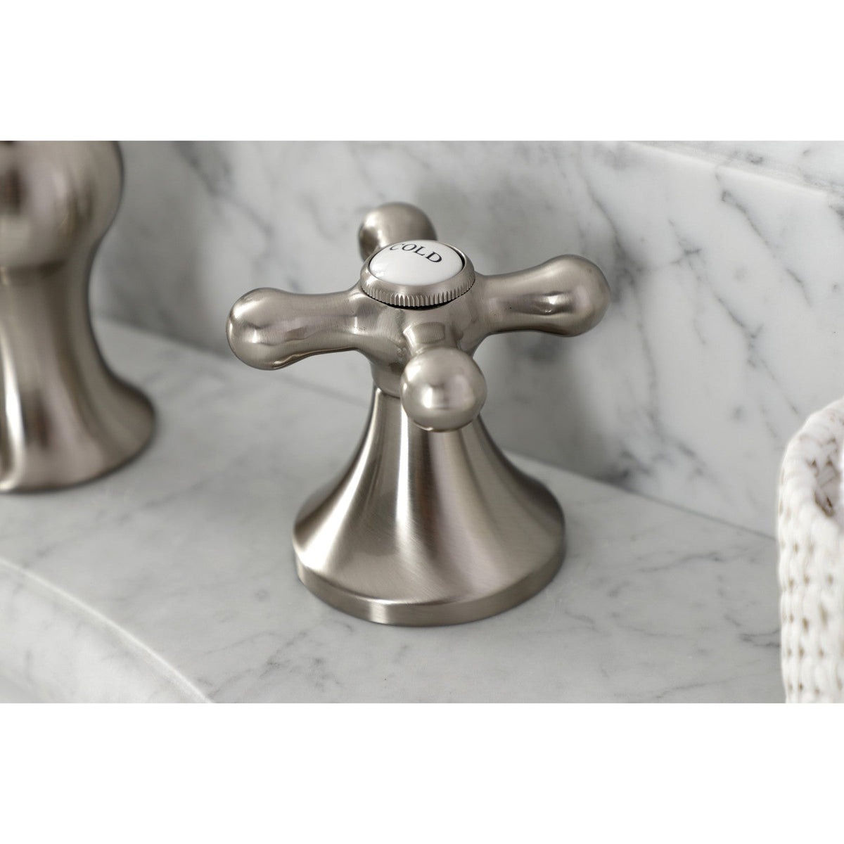 Vintage Widespread Bathroom Faucet with Brass Pop-Up in Brushed Nickel