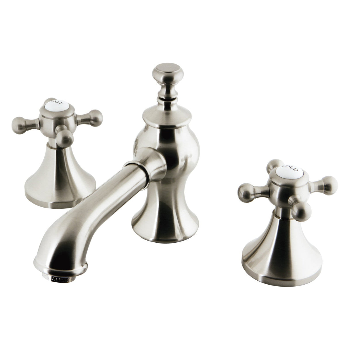 English Country Widespread Bathroom Faucet with Brass Pop-Up in Brushed Nickel