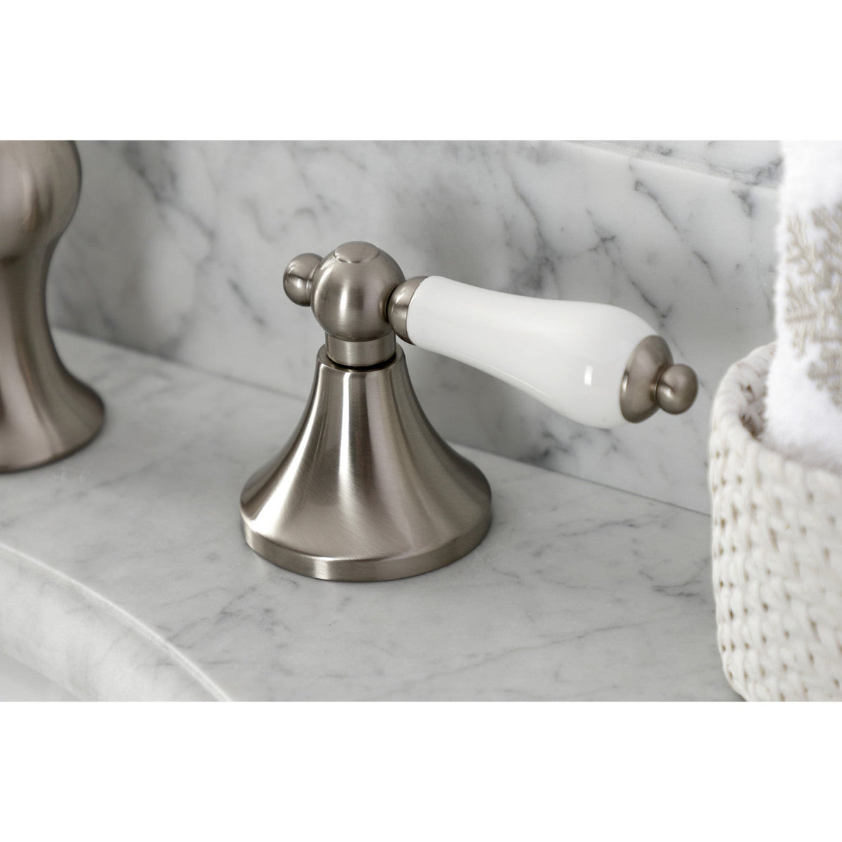 Vintage Widespread Bathroom Faucet with Brass Pop-Up in Brushed Nickel