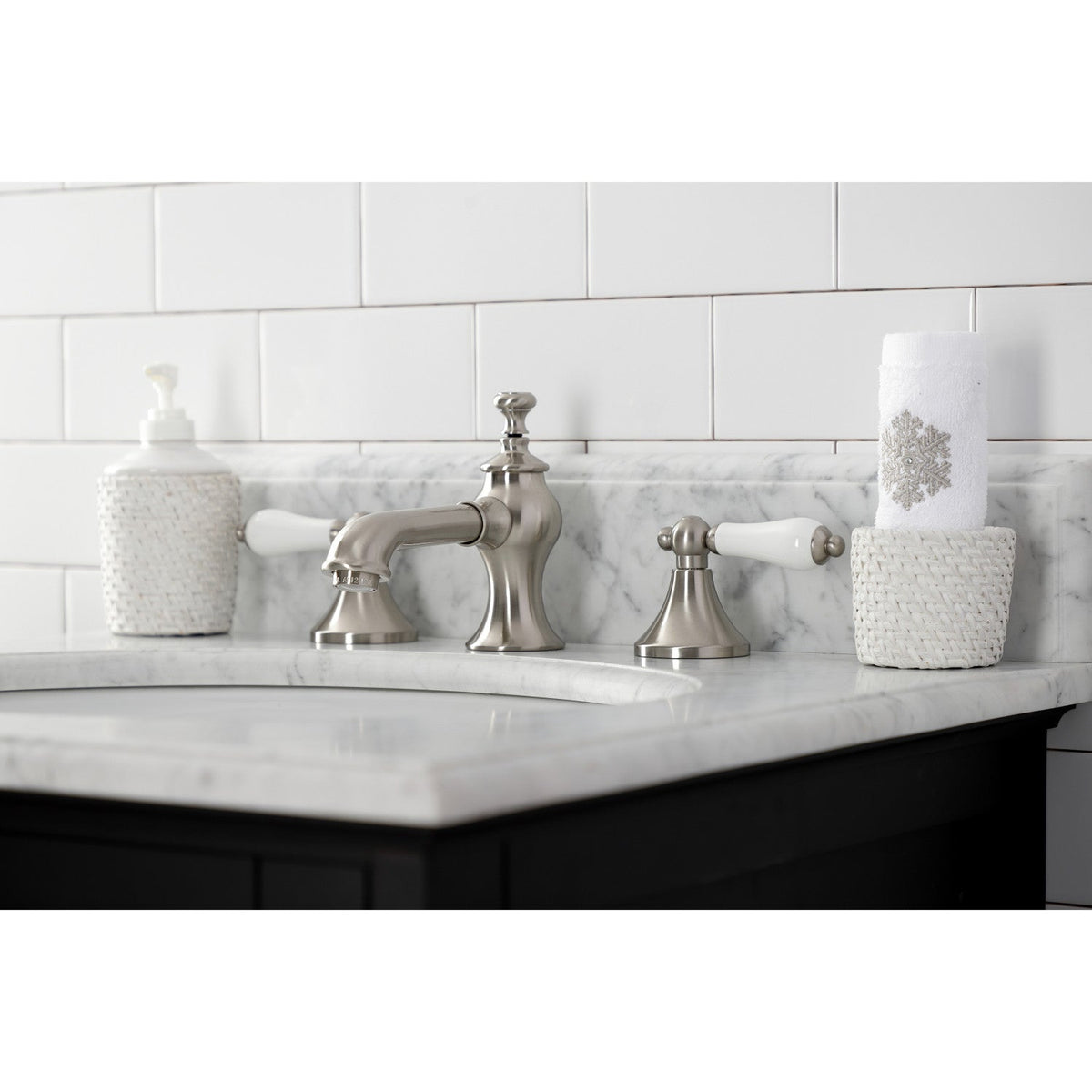 Vintage Widespread Bathroom Faucet with Brass Pop-Up in Brushed Nickel