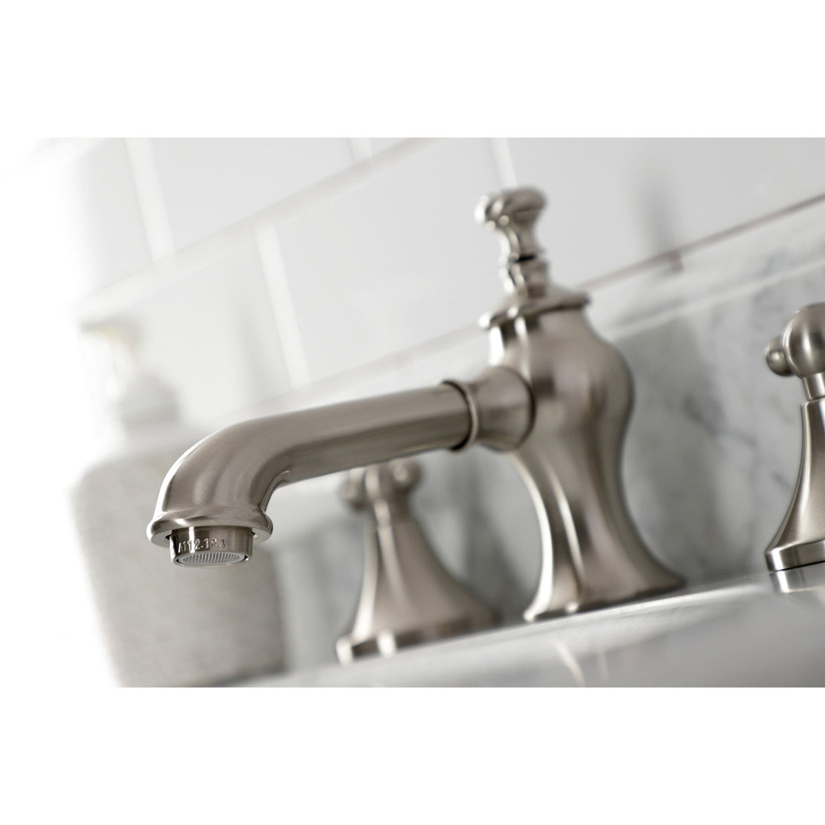 Vintage Widespread Bathroom Faucet with Brass Pop-Up in Brushed Nickel