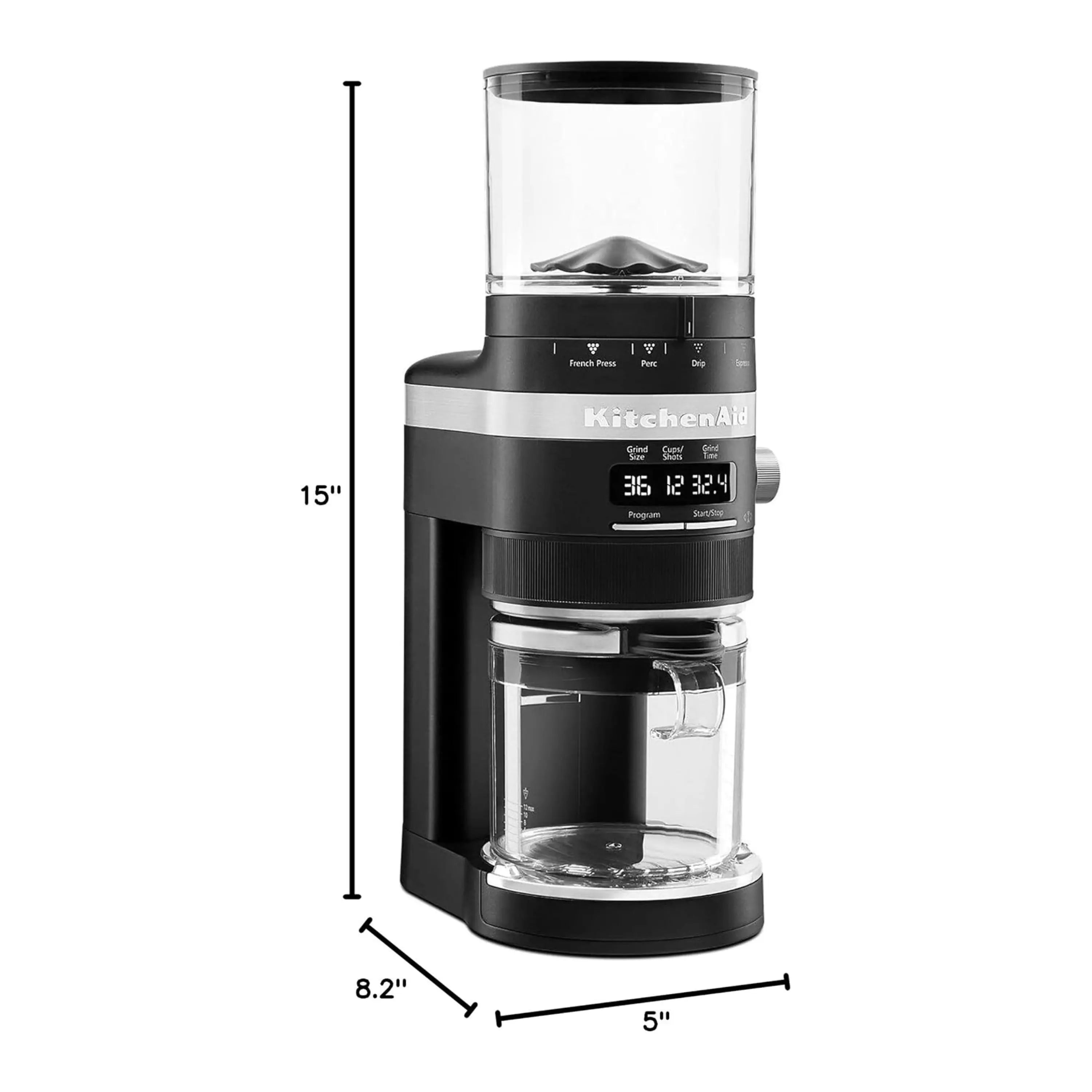 Black matte burr coffee grinder with clear hopper, shown with height and width measurements