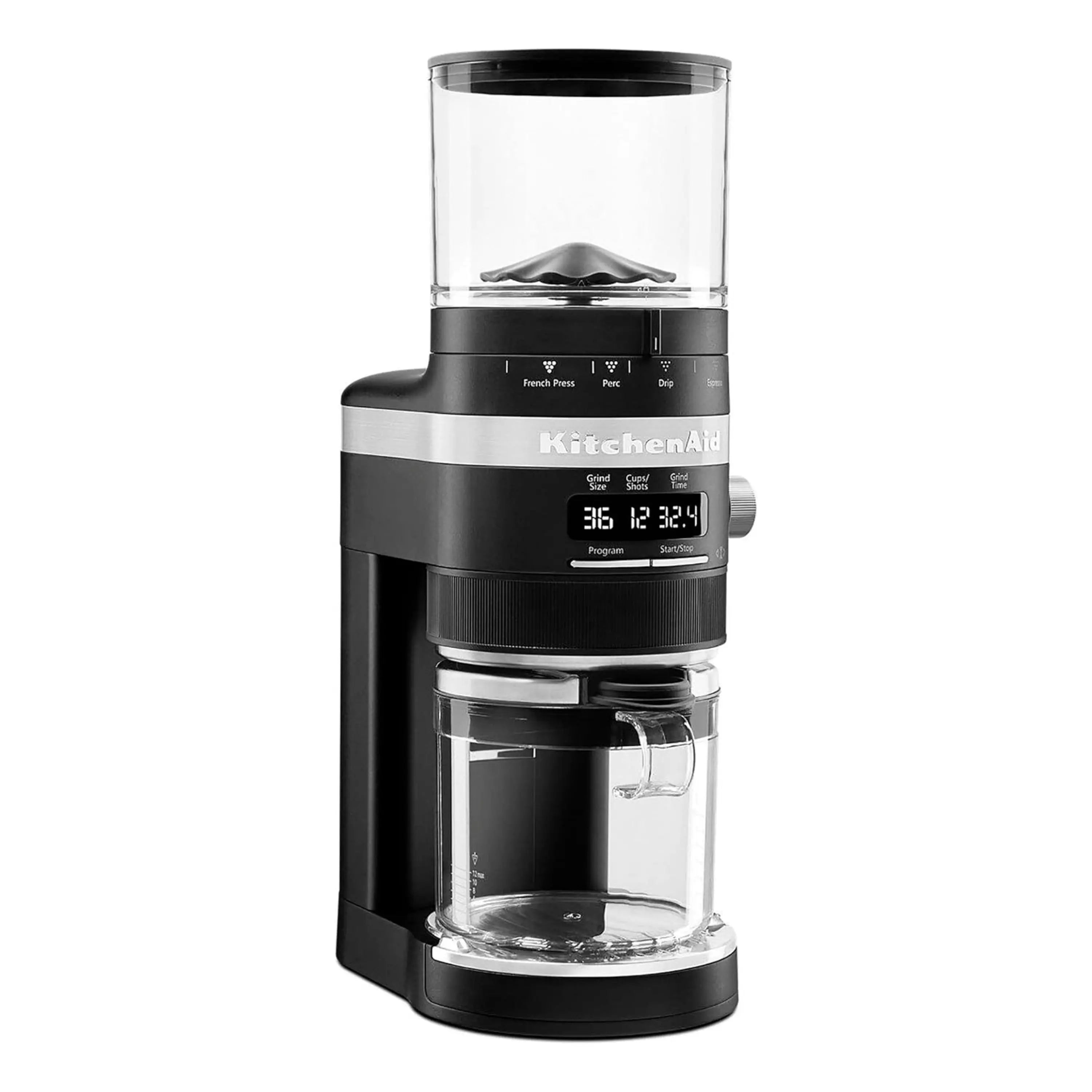 Black matte burr coffee grinder with clear bean hopper and glass grounds container, KitchenAid