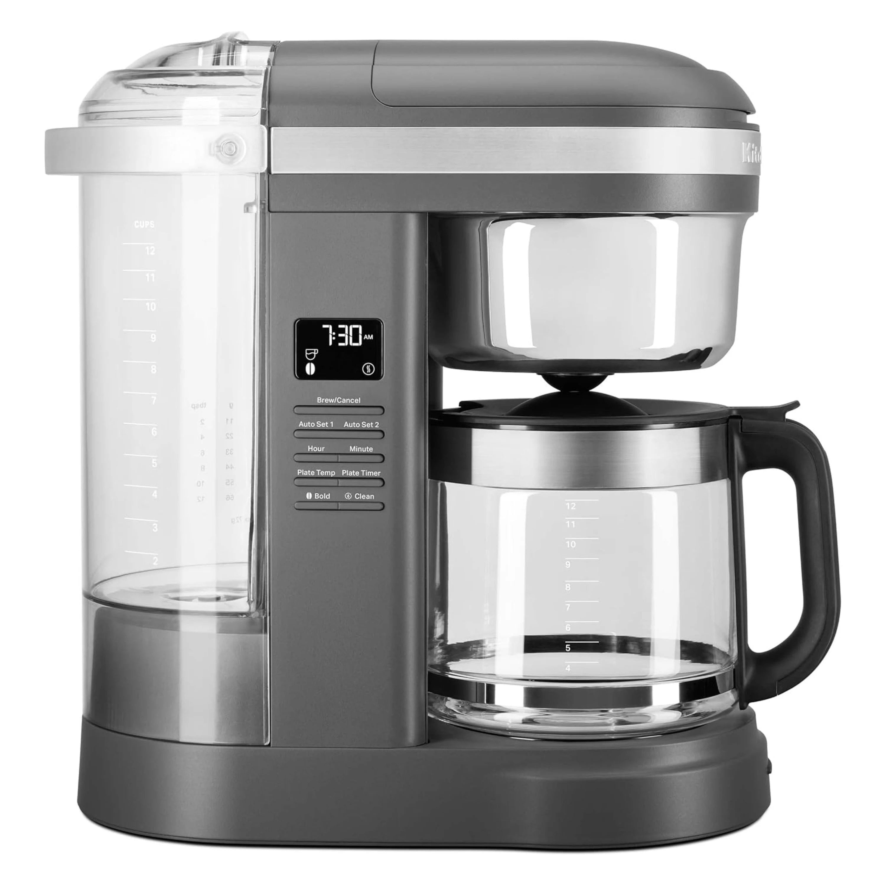 KitchenAid 12-cup drip coffee maker matte charcoal gray with open reservoir and glass carafe