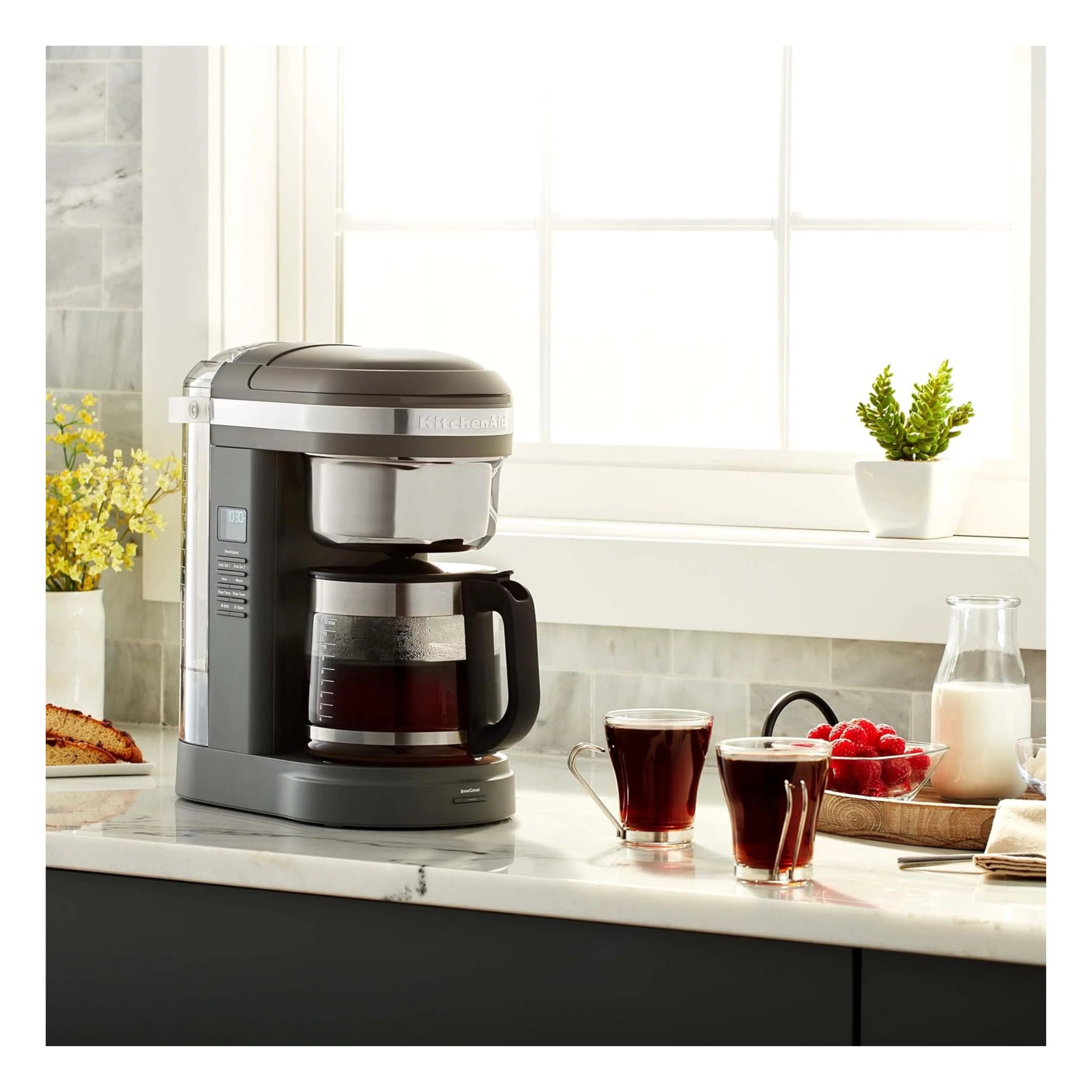 KitchenAid 12-cup drip coffee maker matte charcoal gray on countertop with glass carafe
