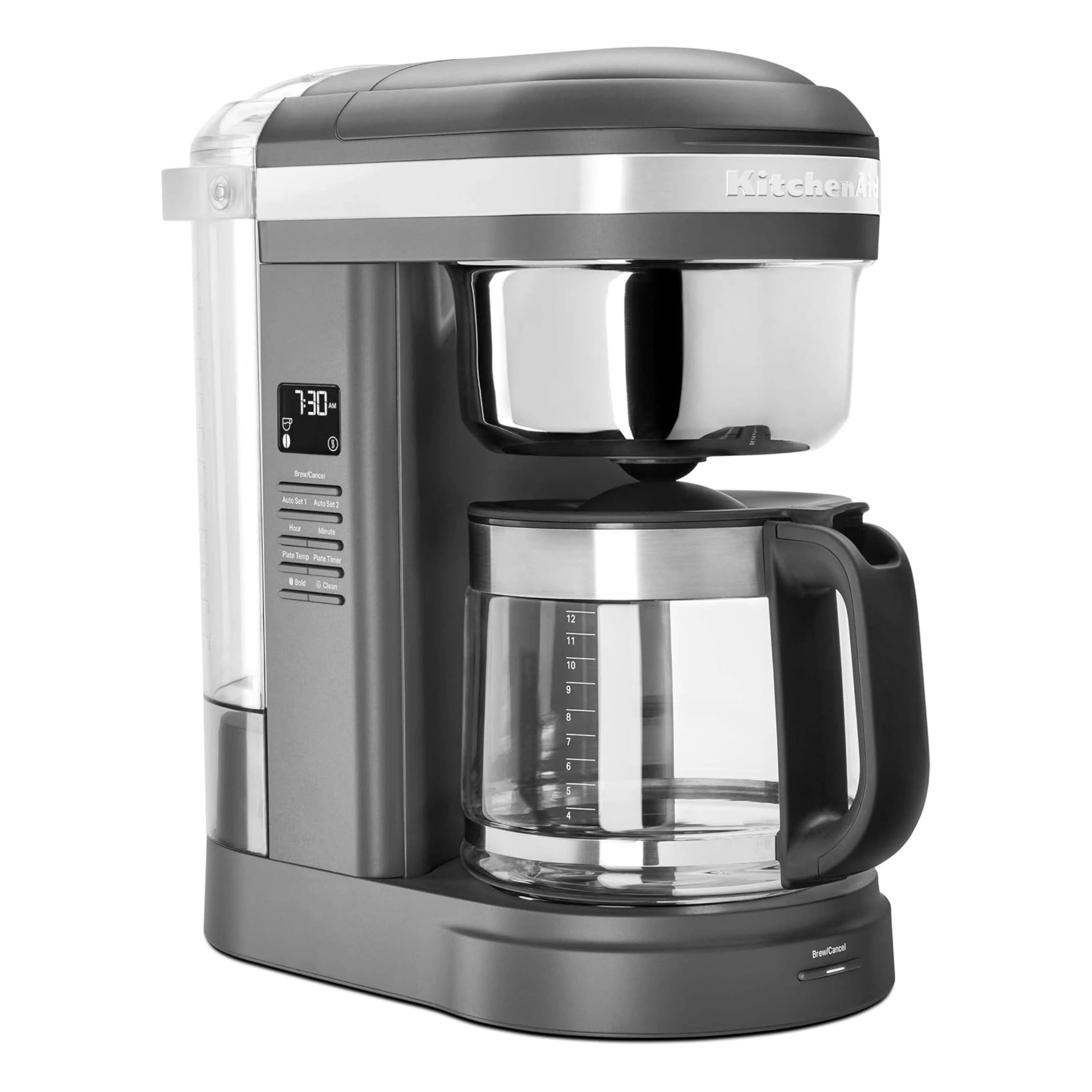 KitchenAid 12-cup drip coffee maker matte charcoal gray with side controls and glass carafe